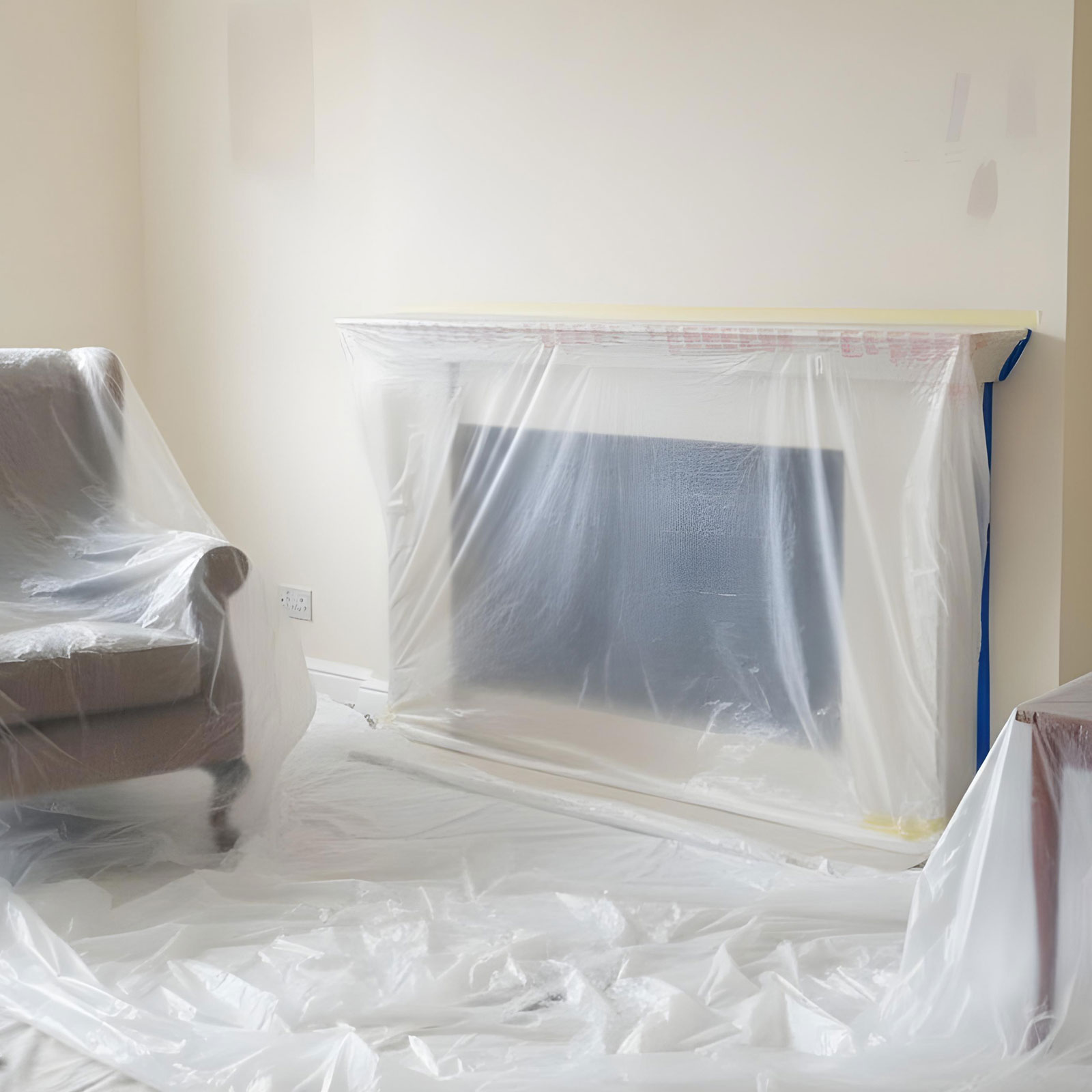 Folie protectie cu banda mascare, 20 m x 2.5 m, folie vopsit HDPE 7 microni, protectie pereti si mobilier