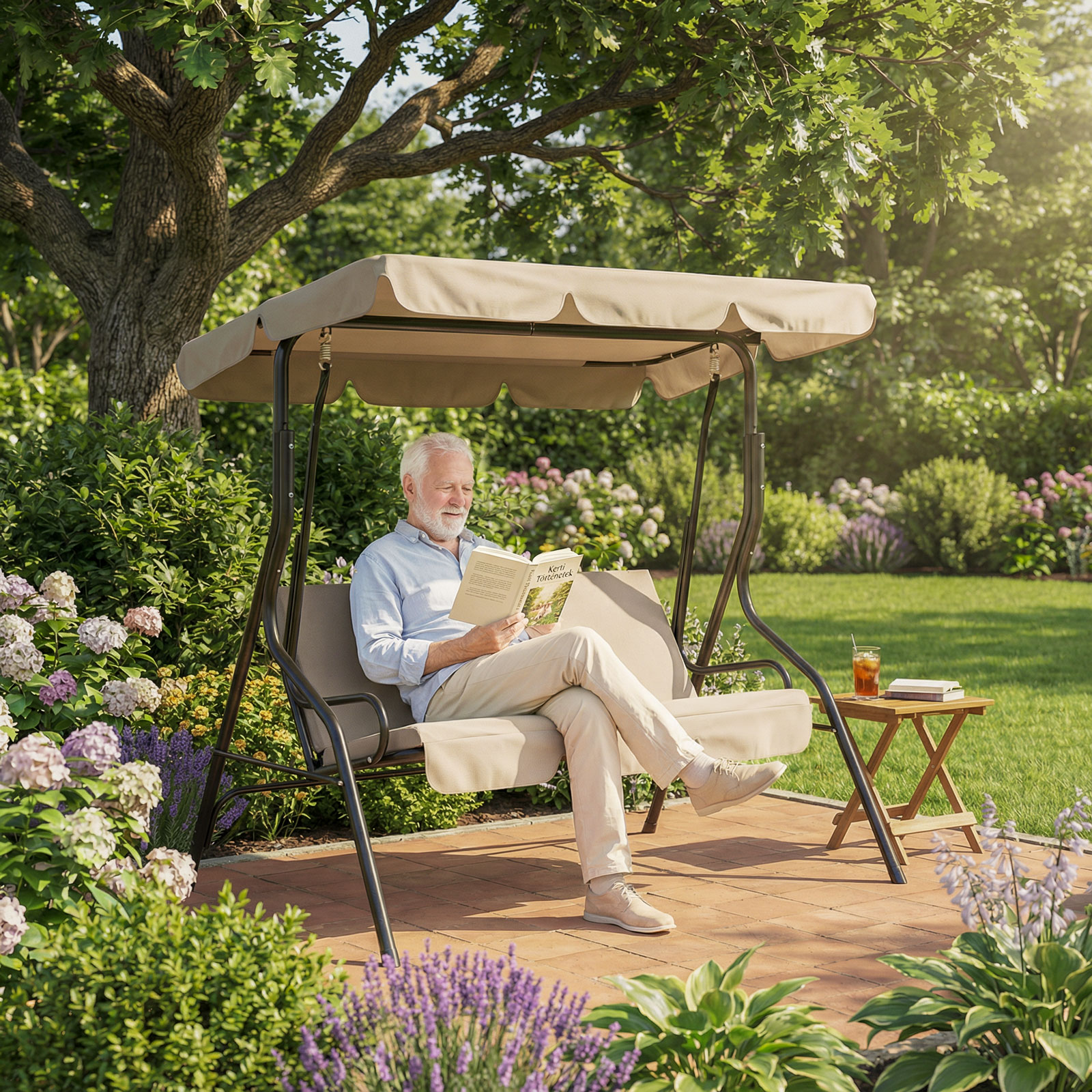 Leagan gradina 3 persoane 170 x 110 x 153 cm bej inchis, balansoar exterior cadru metalic