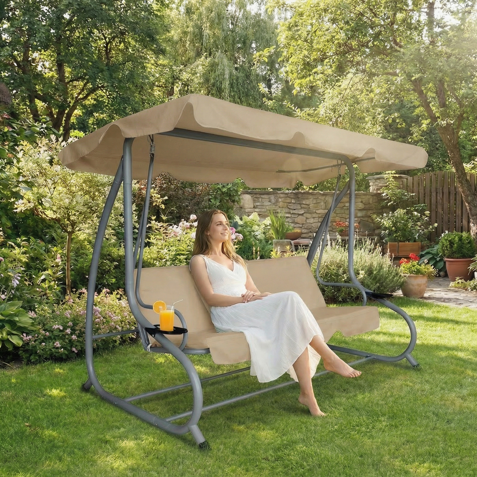 Leagan gradina 3 persoane 200 x 120 x 164 cm bej inchis, balansoar exterior cu suport pahare, cadru metalic
