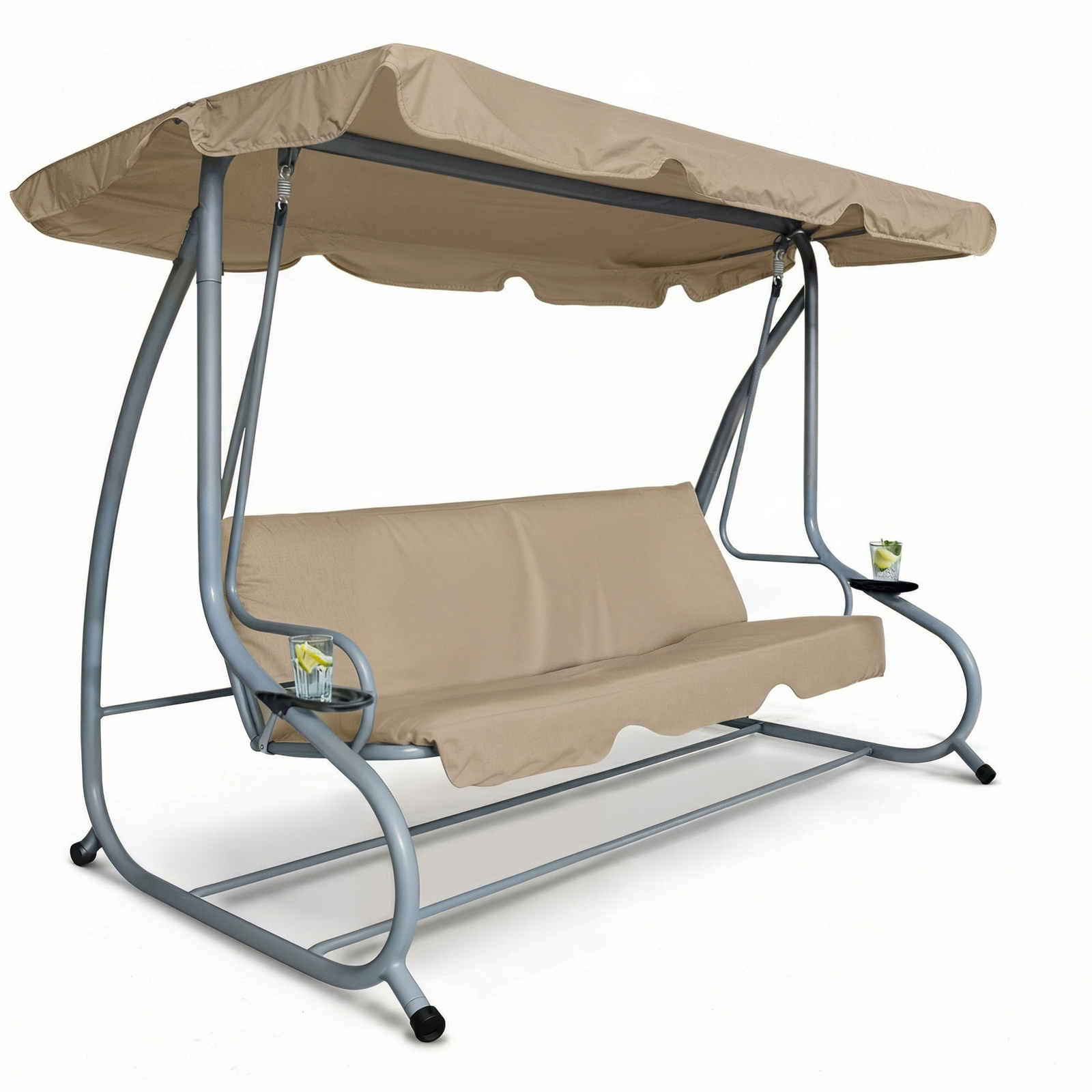 Leagan gradina 3 persoane 200 x 120 x 164 cm bej inchis, balansoar exterior cu suport pahare, cadru metalic