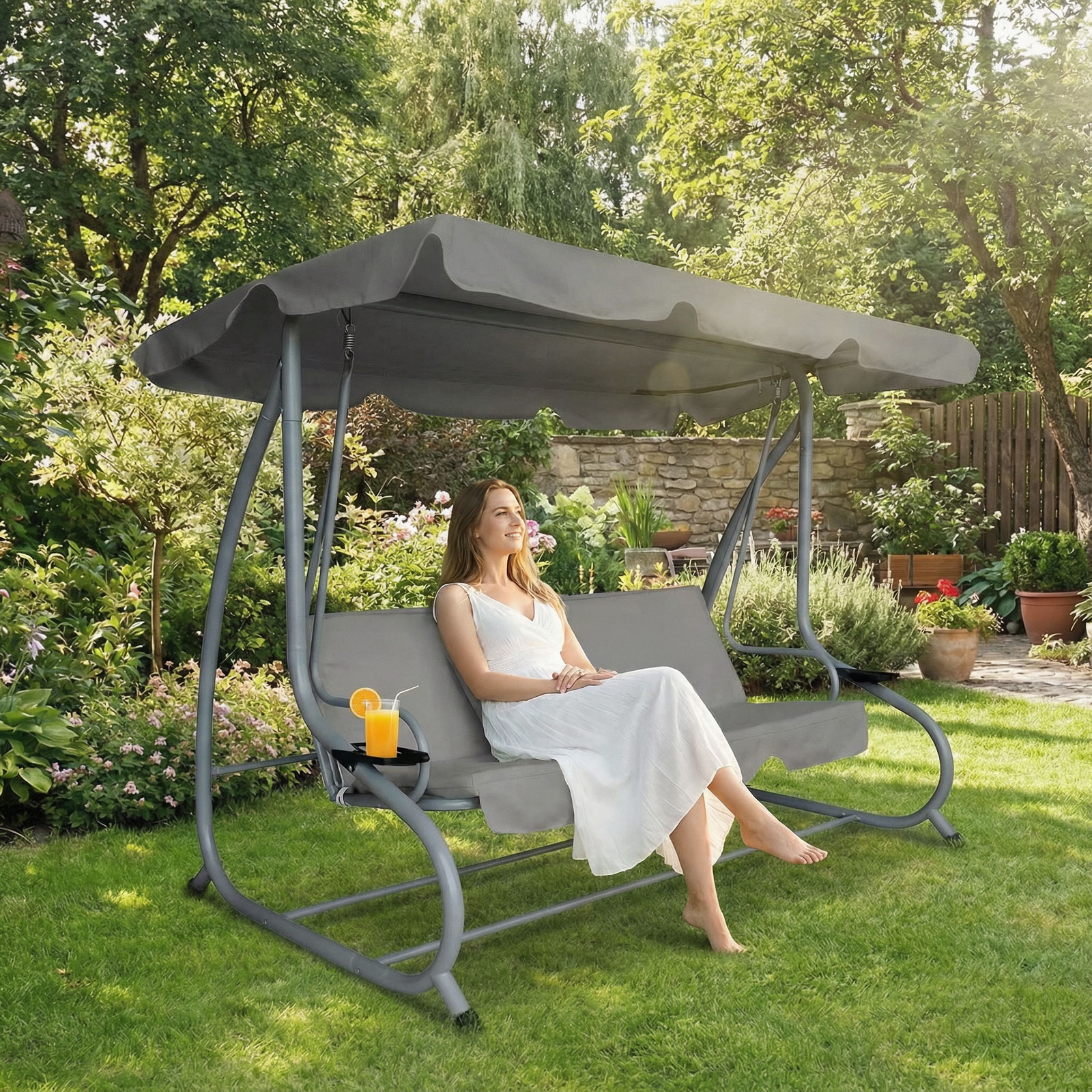 Leagan gradina 3 persoane 200 x 120 x 164 cm gri, balansoar exterior cu suport pahare, cadru metalic