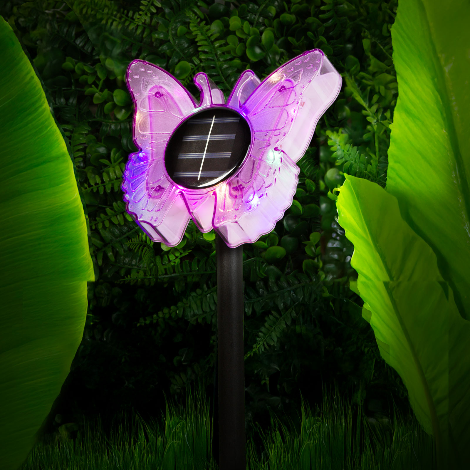 Lampa Solara de Gradina cu Fluture, LED Alb Cald si Multicolor, 35 cm, Mov