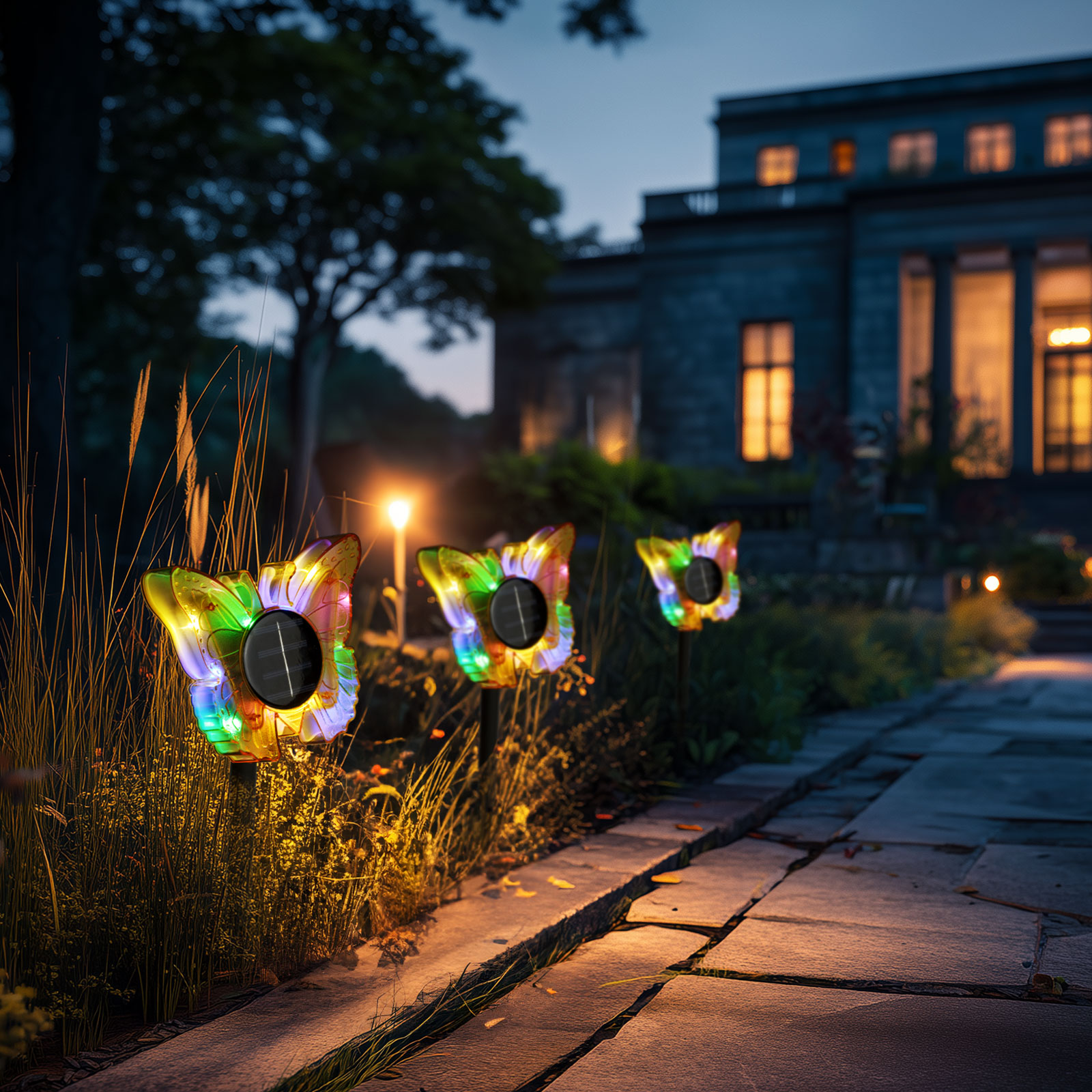 Lampa Solara de Gradina cu Fluture, LED Alb Cald si Multicolor, 35 cm, Galben