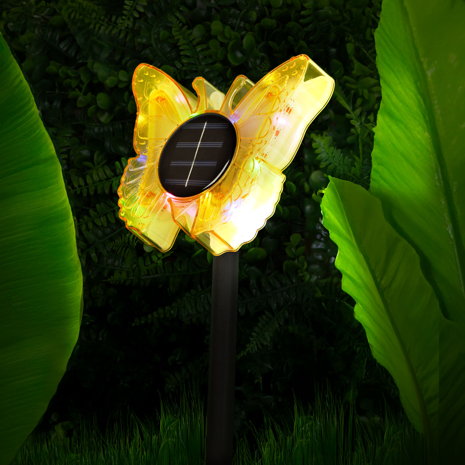 Lampa Solara de Gradina cu Fluture, LED Alb Cald si Multicolor, 35 cm, Galben