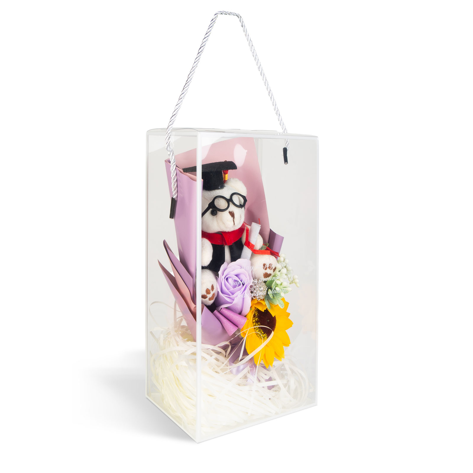 Cadou Absolvire cu Ursulet Graduation si Floarea-Soarelui in Cutie Cadou Transparenta, 14 × 10,5 × 26 cm, Decorațiune Gift Box Roz/Maro/Alb