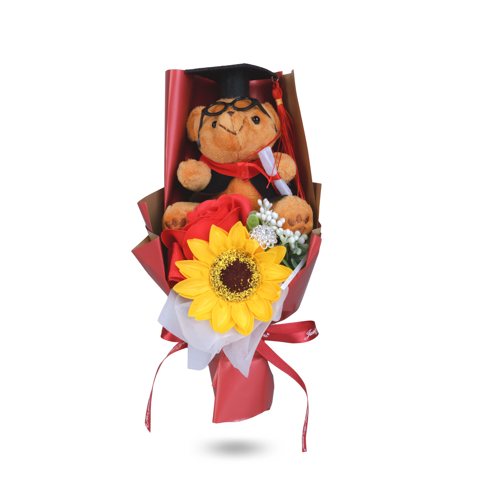 Cadou Absolvire cu Ursulet Graduation si Floarea-Soarelui in Cutie Cadou Transparenta, 14 × 10,5 × 26 cm, Decorațiune Gift Box Roz/Maro/Alb