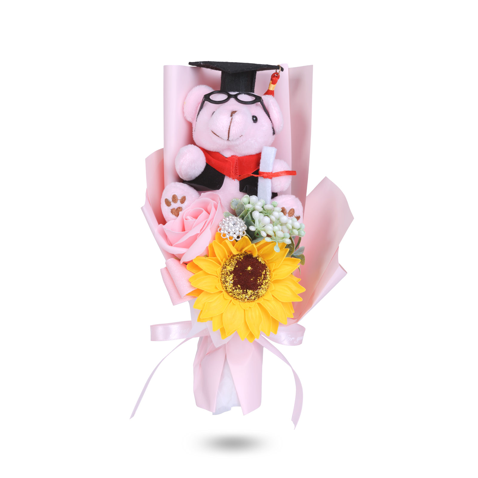 Cadou Absolvire cu Ursulet Graduation si Floarea-Soarelui in Cutie Cadou Transparenta, 14 × 10,5 × 26 cm, Decorațiune Gift Box Roz/Maro/Alb