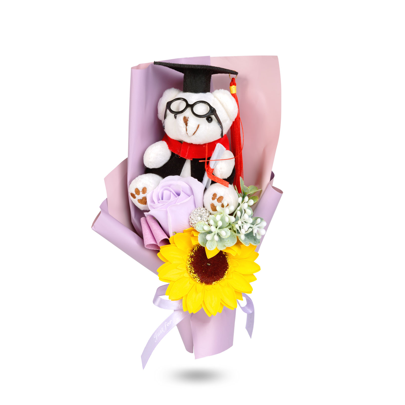 Cadou Absolvire cu Ursulet Graduation si Floarea-Soarelui in Cutie Cadou Transparenta, 14 × 10,5 × 26 cm, Decorațiune Gift Box Roz/Maro/Alb