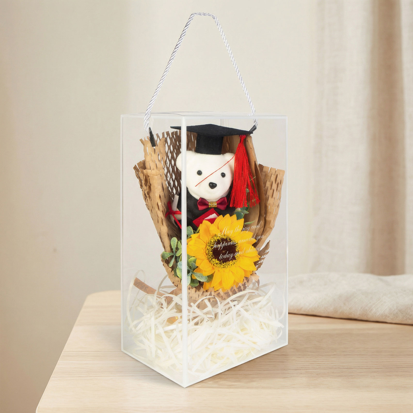 Cadou Absolvire cu Ursule Graduation si Floare de Floarea-Soarelui in Cutie Transparenta, 26 × 10,5 × 14 cm, Decorațiune Gift Box