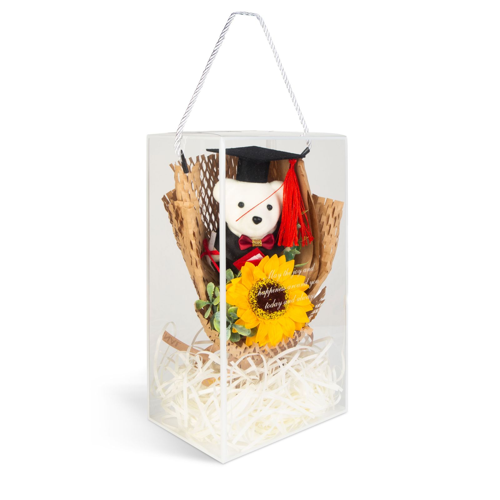 Cadou Absolvire cu Ursule Graduation si Floare de Floarea-Soarelui in Cutie Transparenta, 26 × 10,5 × 14 cm, Decorațiune Gift Box