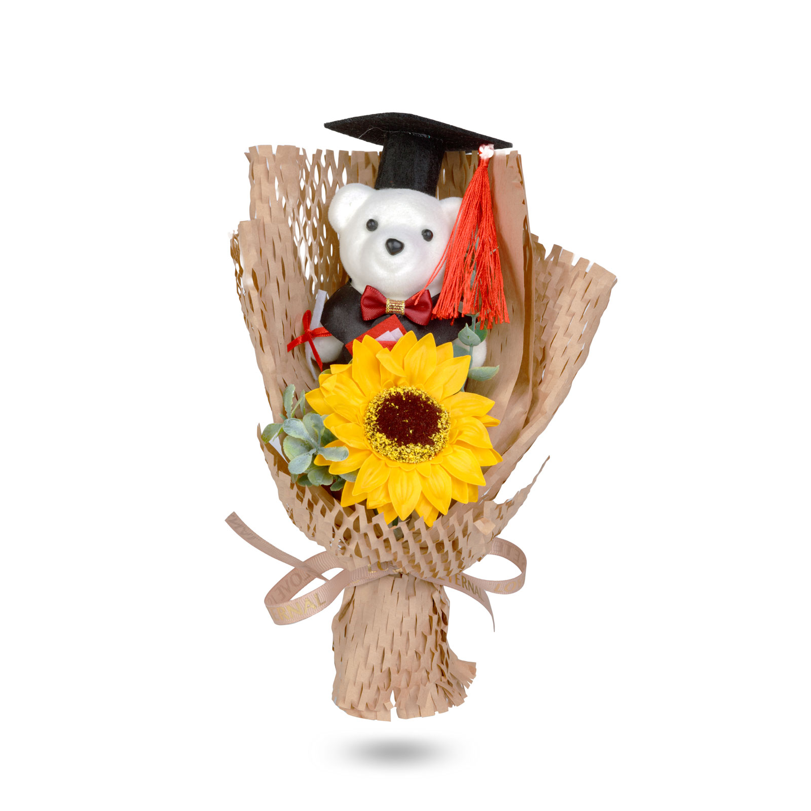 Cadou Absolvire cu Ursule Graduation si Floare de Floarea-Soarelui in Cutie Transparenta, 26 × 10,5 × 14 cm, Decorațiune Gift Box