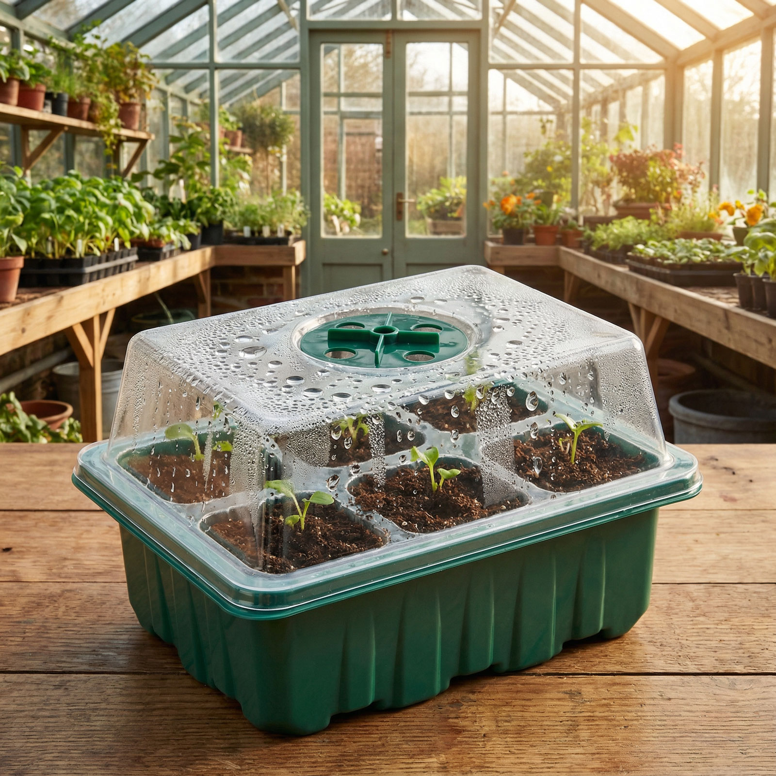 Mini sera rasaduri cu capac 18.5 x 14.5 x 11 cm, set germinare seminte 6 compartimente, tava rasaduri plastic