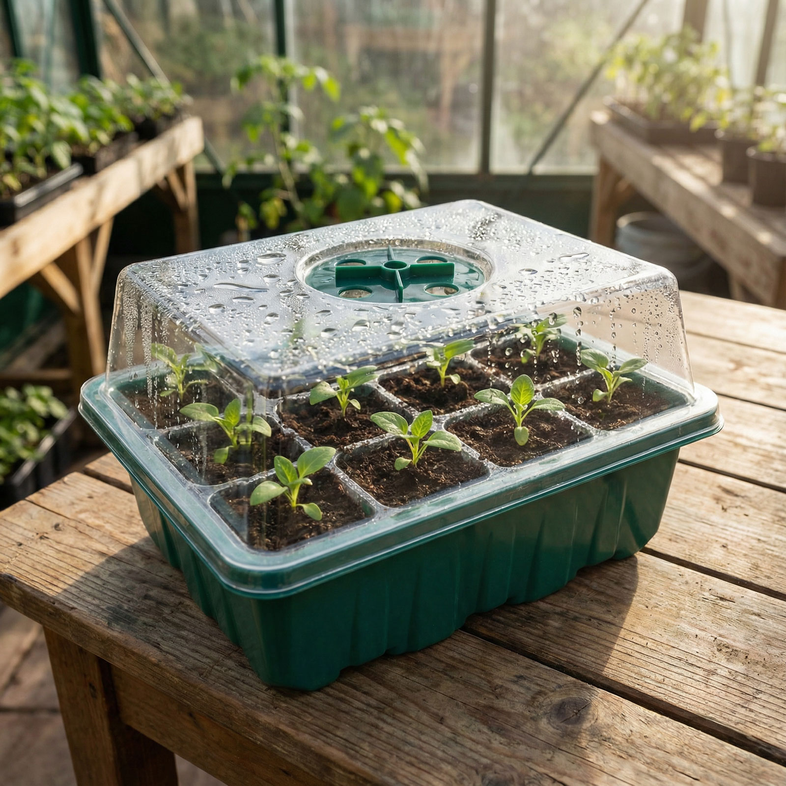 Mini sera rasaduri cu capac 15.3 x 11.4 x 18.5 cm, set germinare seminte 12 compartimente, tava rasaduri plastic