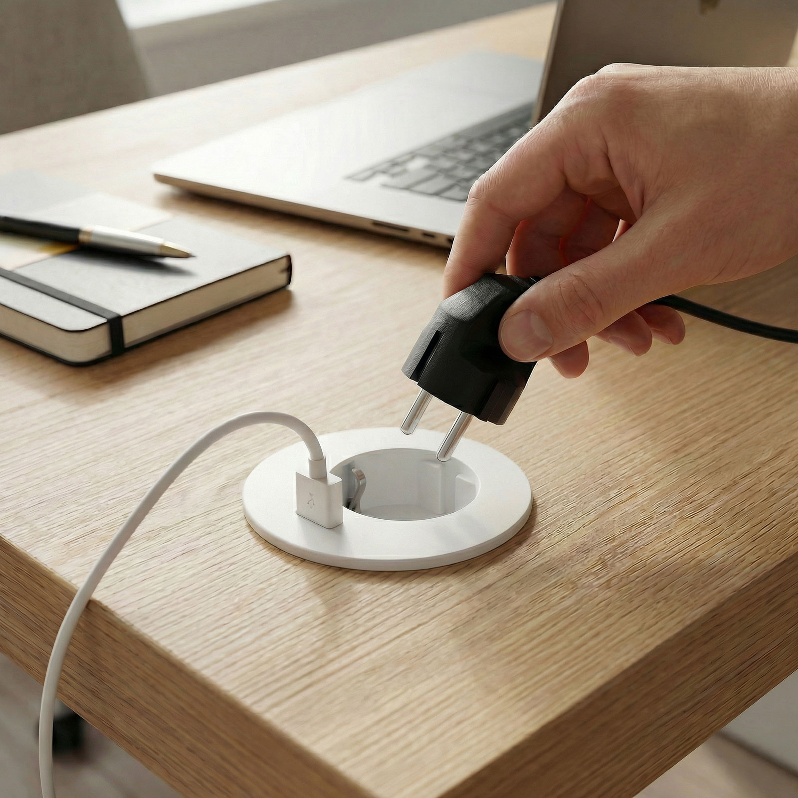 Priza incorporabila blat cu USB, 1 priza Schuko, 2.1A, 16A, alb, 1.5m cablu