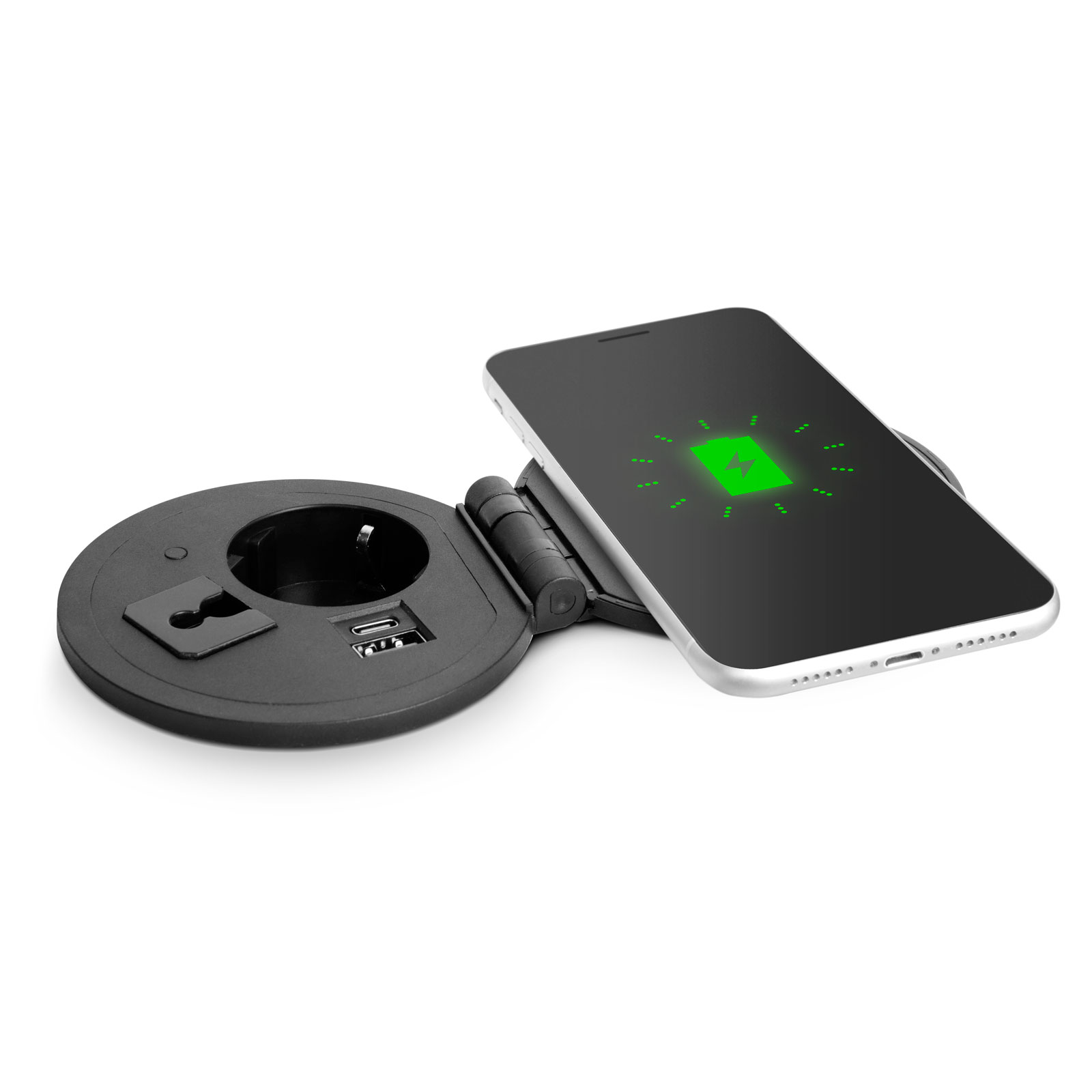 Priza incastrabila pentru birou cu incarcare wireless, USB, USB-C si 230V, negru