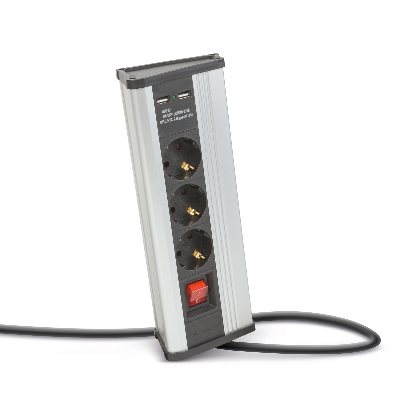 Prelungitor colt 3 prize 16A 250V, 2 USB 2.1A, intrerupator, cablu 1.5m, aluminiu