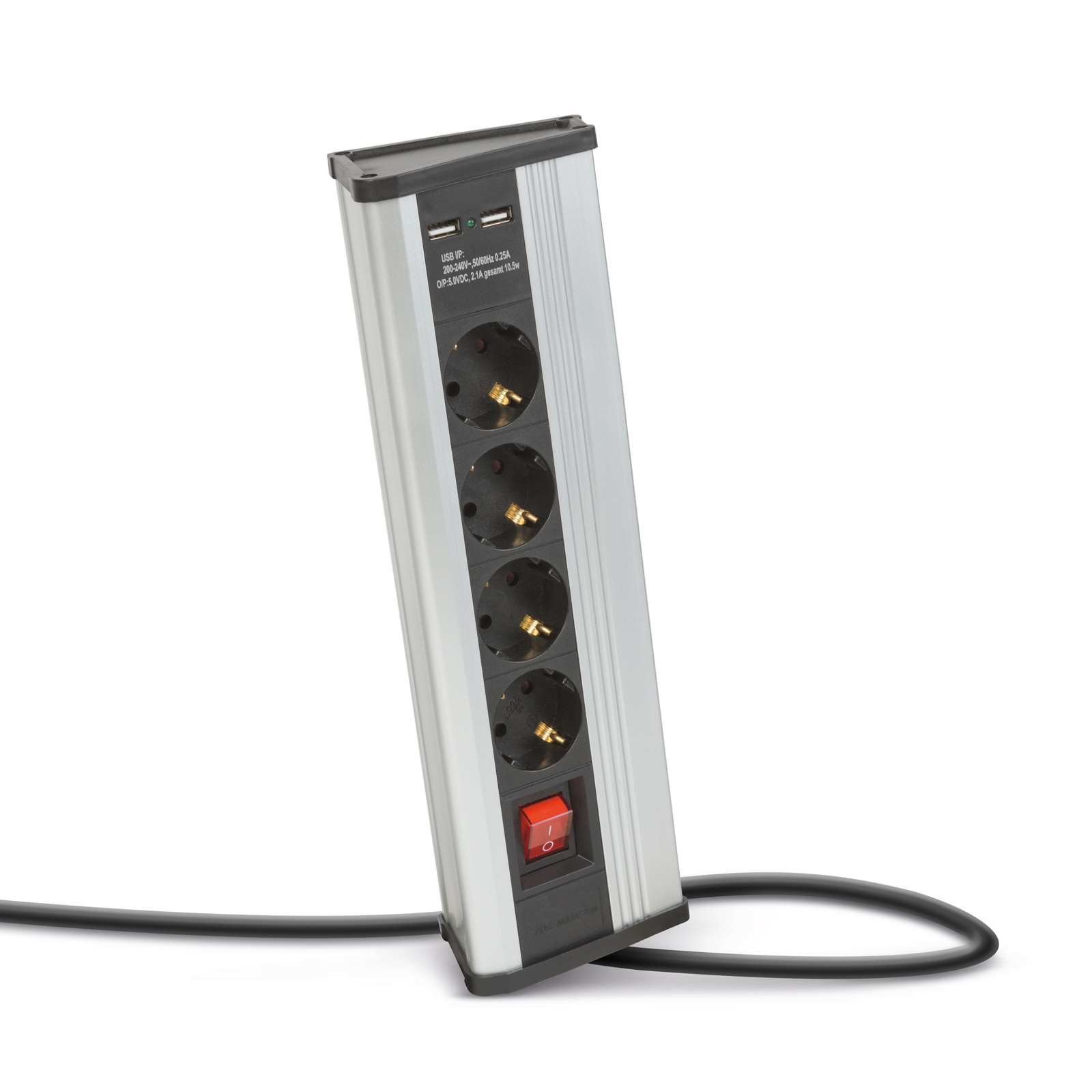 Prelungitor colt 4 prize 16A 250V, 2 USB 2.1A, intrerupator, cablu 1.5m, aluminiu