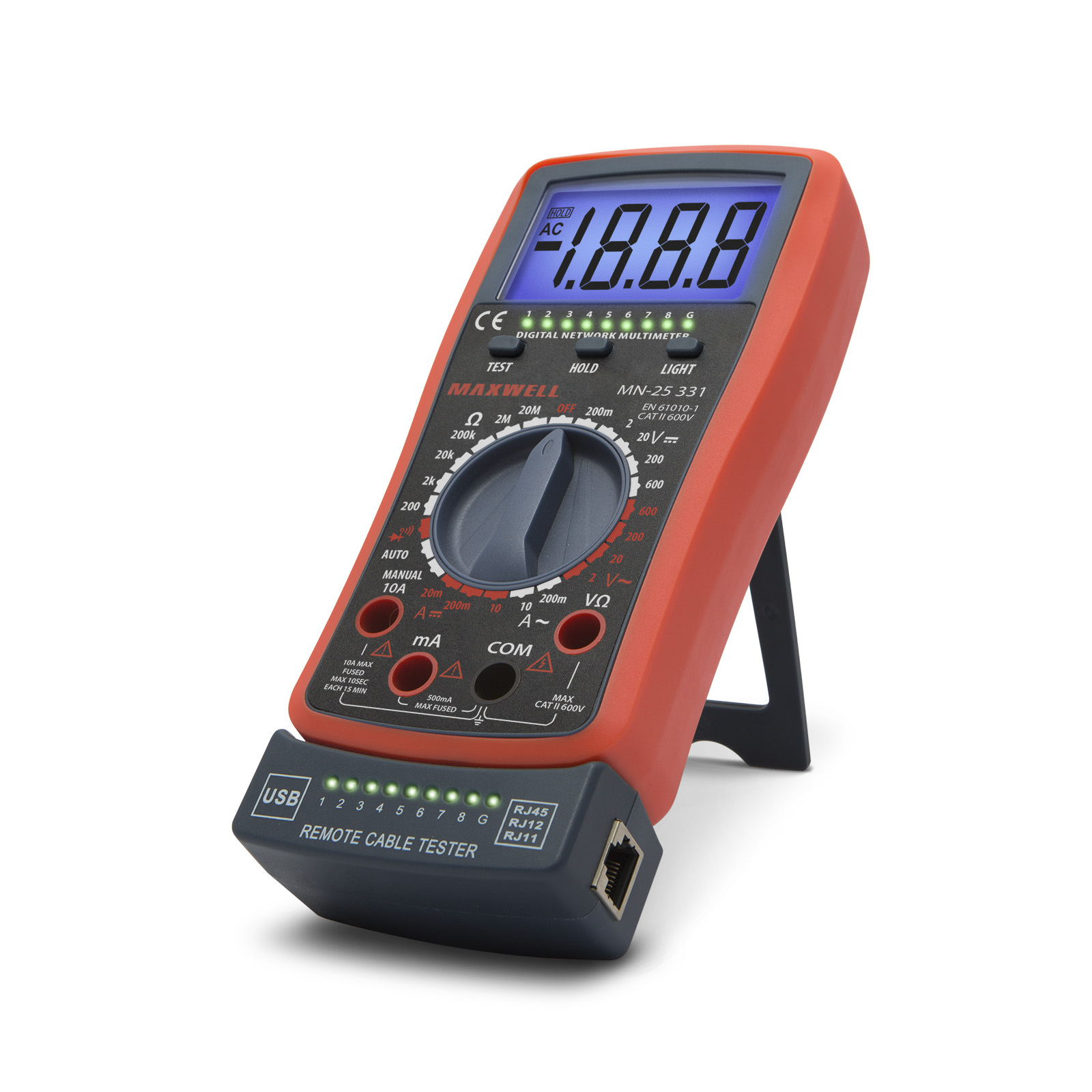 Multimetru digital 2 in 1, tester cabluri RJ45 RJ11 USB, 600V, 10A, test diode, continuitate