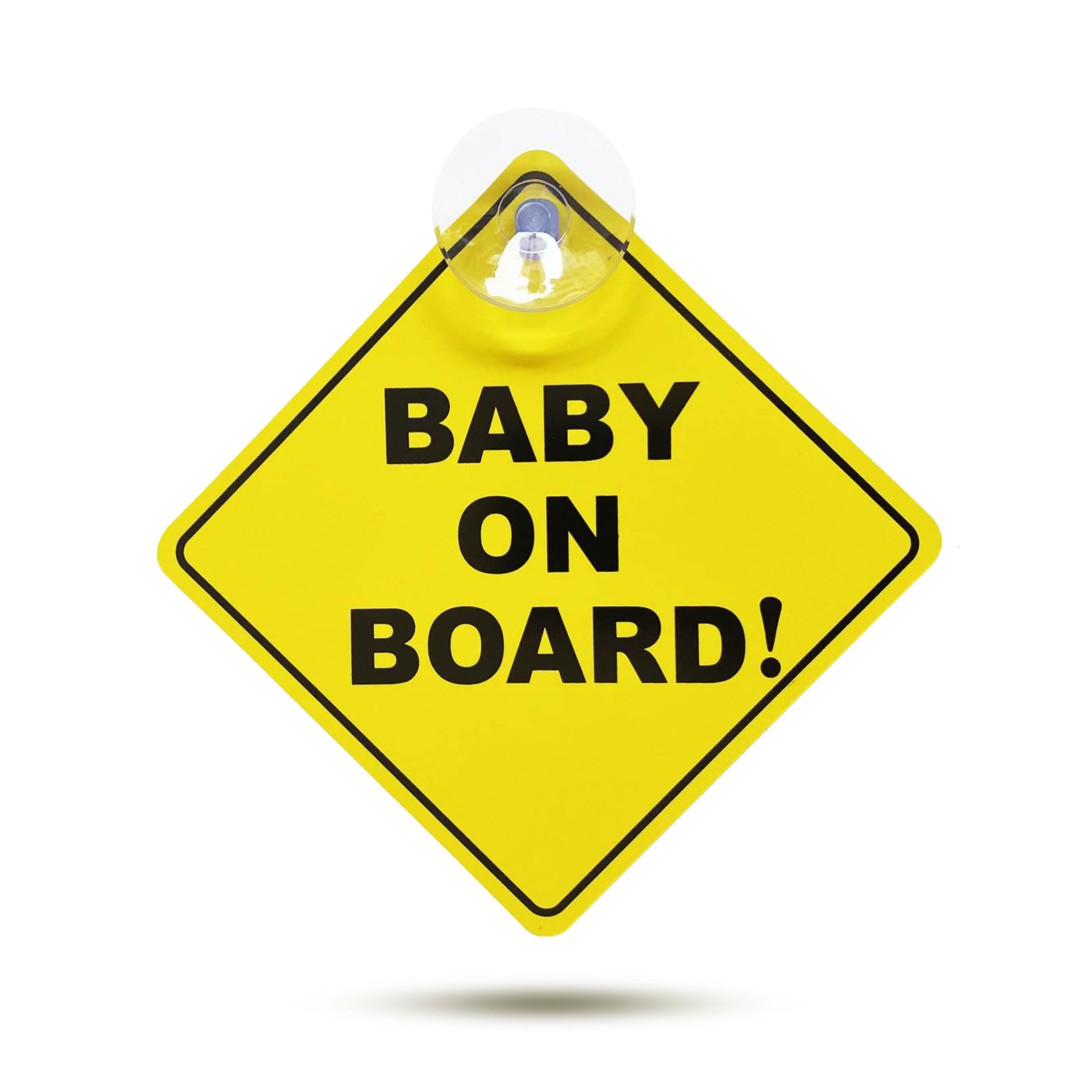 Semn Baby on Board cu ventuza pentru geam auto, 12.7 x 12.7 cm, plastic, galben, UV rezistent