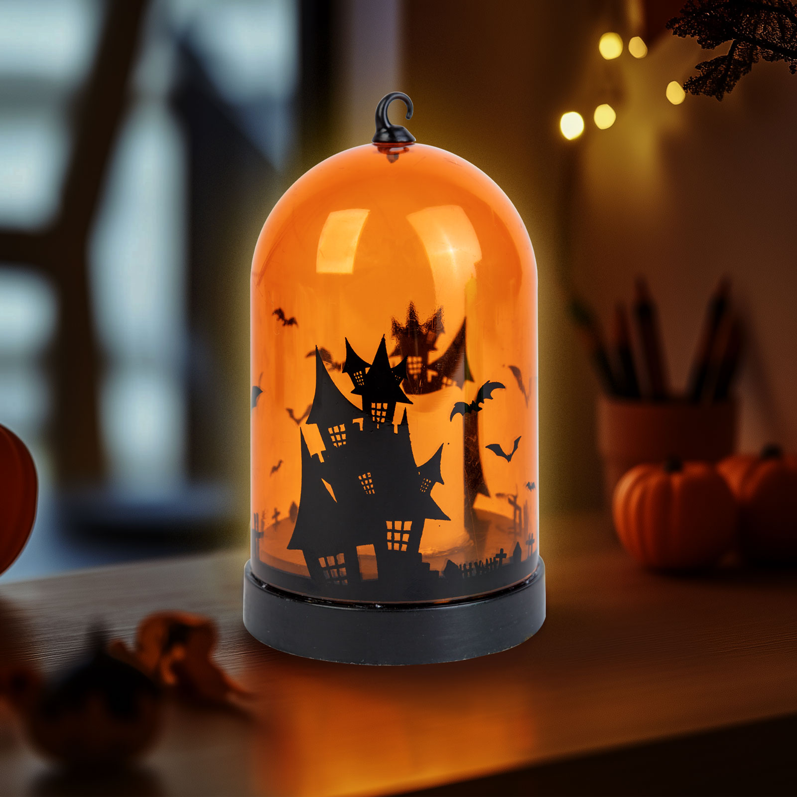 Decoratiune Halloween LED portocalie, 8 x 12.5 cm, cu agatatoare