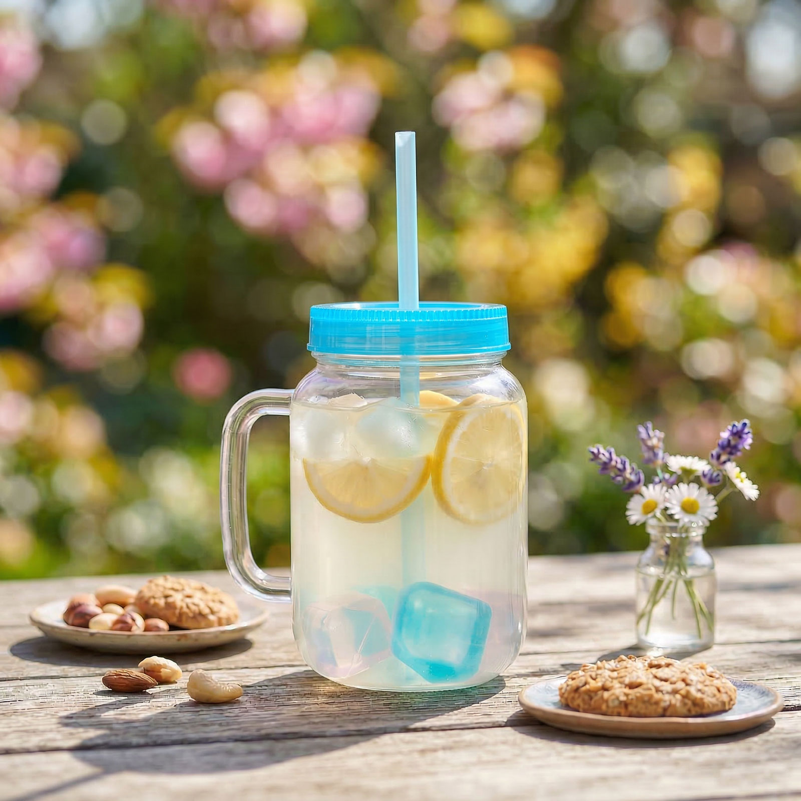 Pahar cu pai 550ml albastru cu 4 cuburi racire capac etans reutilizabil