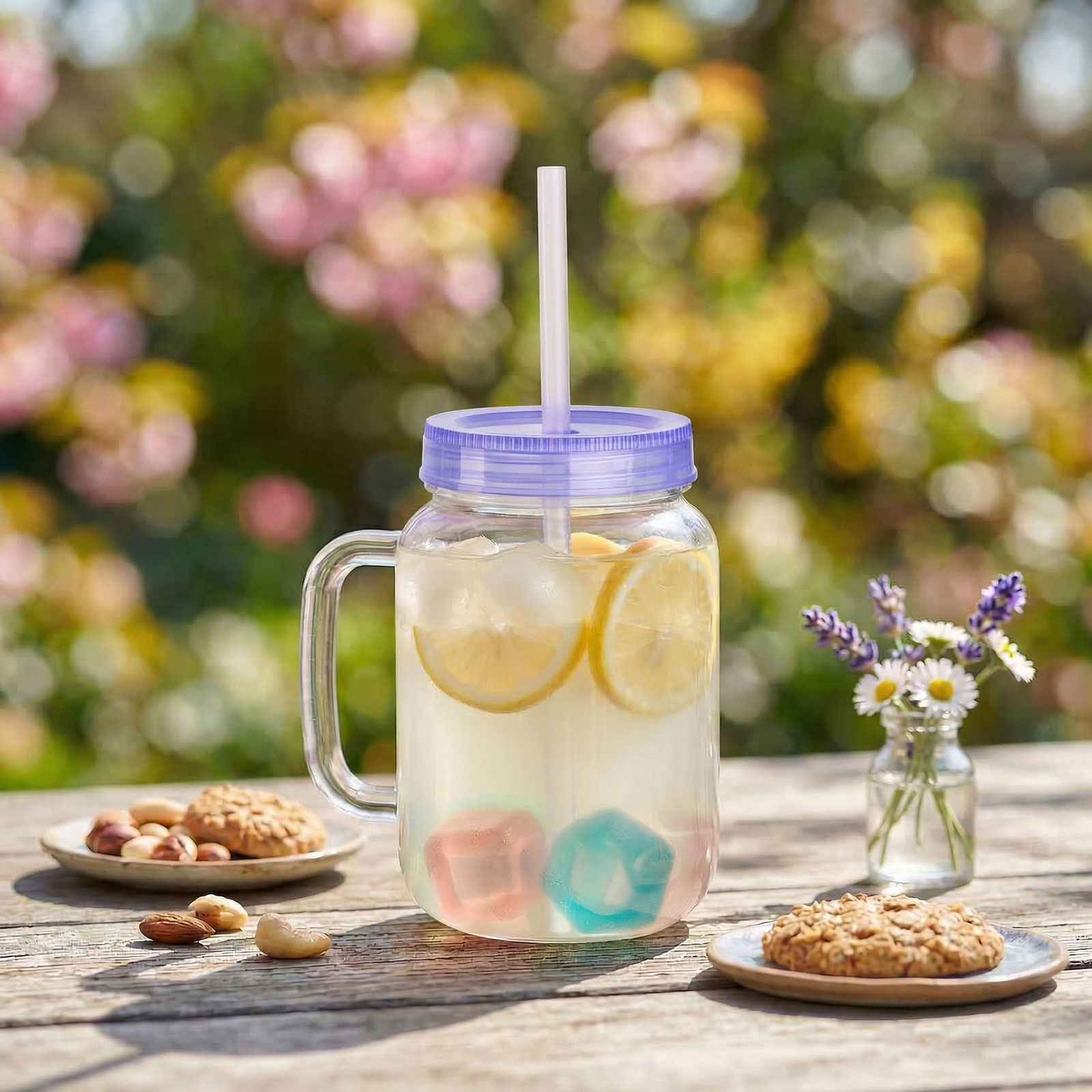 Pahar cu pai 550ml mov cu 4 cuburi racire capac etans reutilizabil