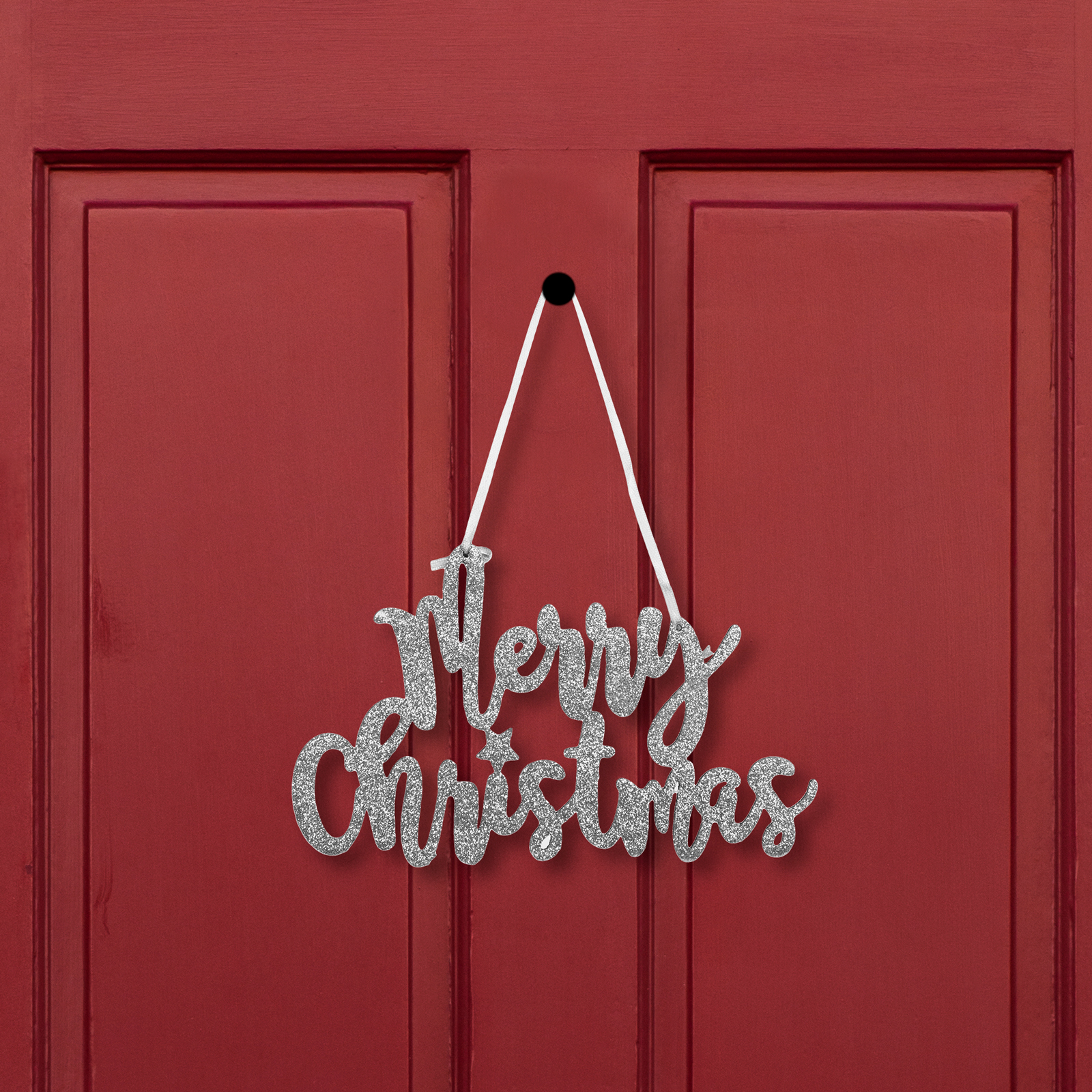 Decoratiune Craciun Merry Christmas argintiu 20 x 12 cm, banner decorativ