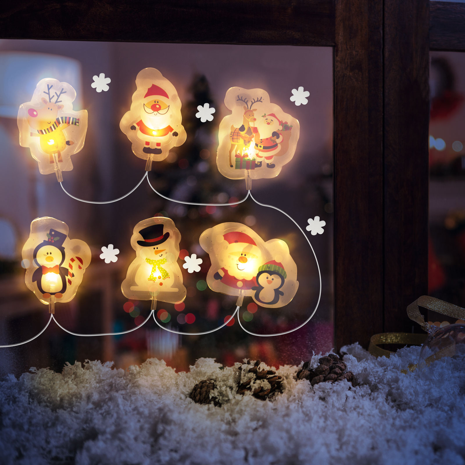 Instalatie LED Craciun gel geam, 6 LED, figurine festive, baterii