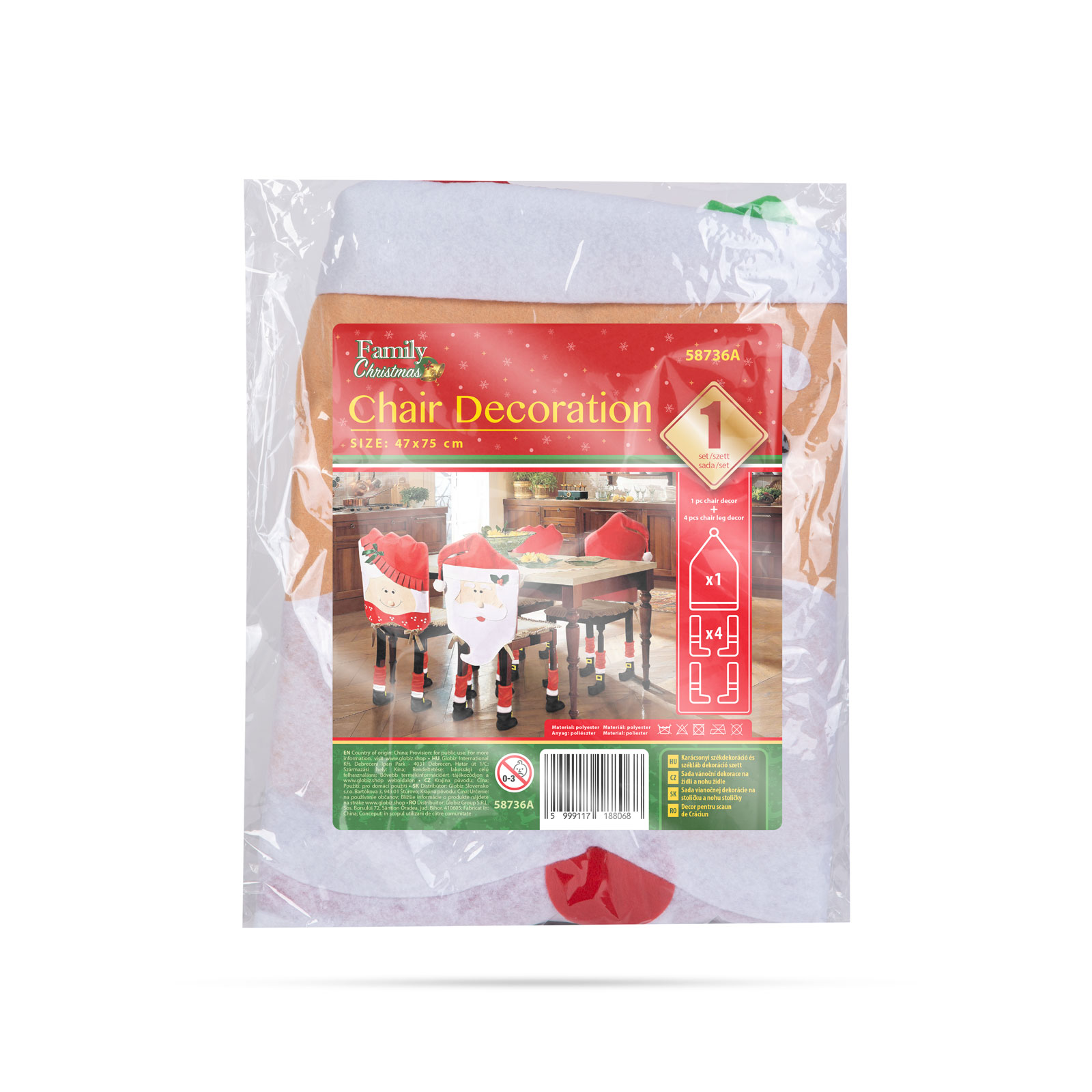 Husa scaun Craciun Mos Craciun 47 x 75 cm, decor festiv rosu/alb cu protectie picioare