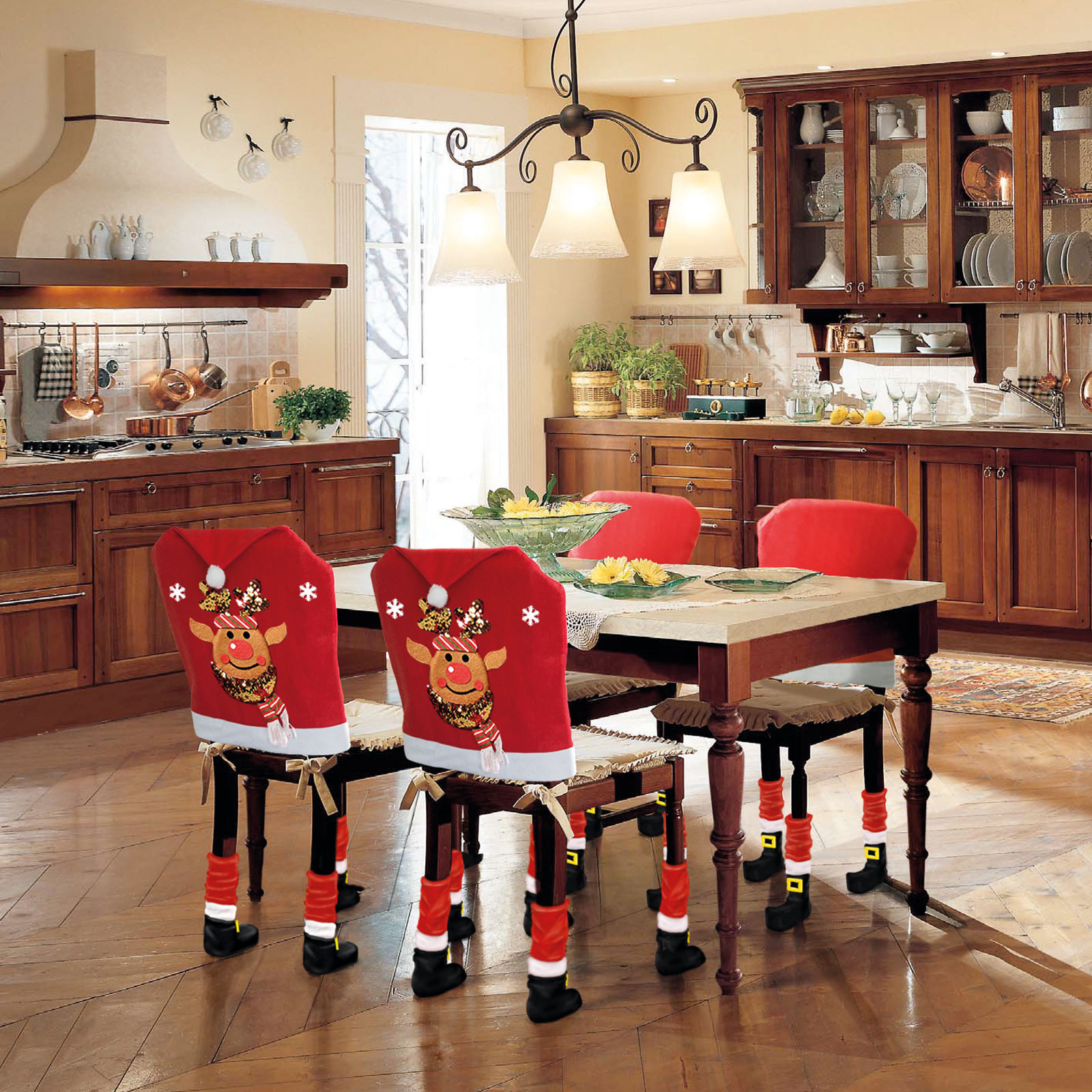 Set decor scaun Craciun, Ren, 50x60 cm, husa scaun rosu/alb cu accesorii