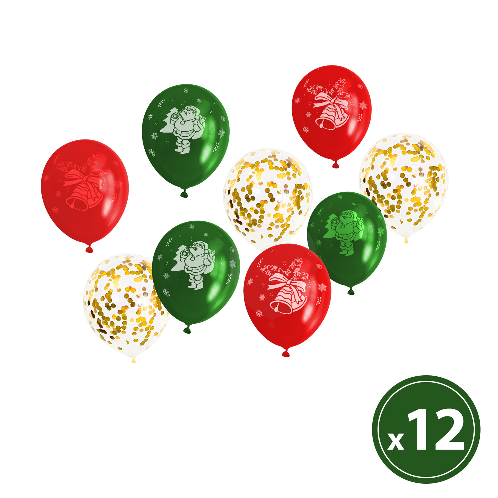 Set baloane Craciun, rosu/verde/auriu, 12 buc, 30 cm