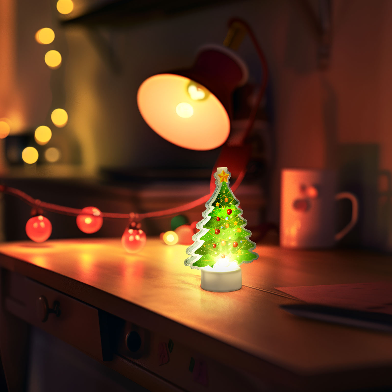 Decoratiune LED brad Craciun, lumina calda, pe baterii