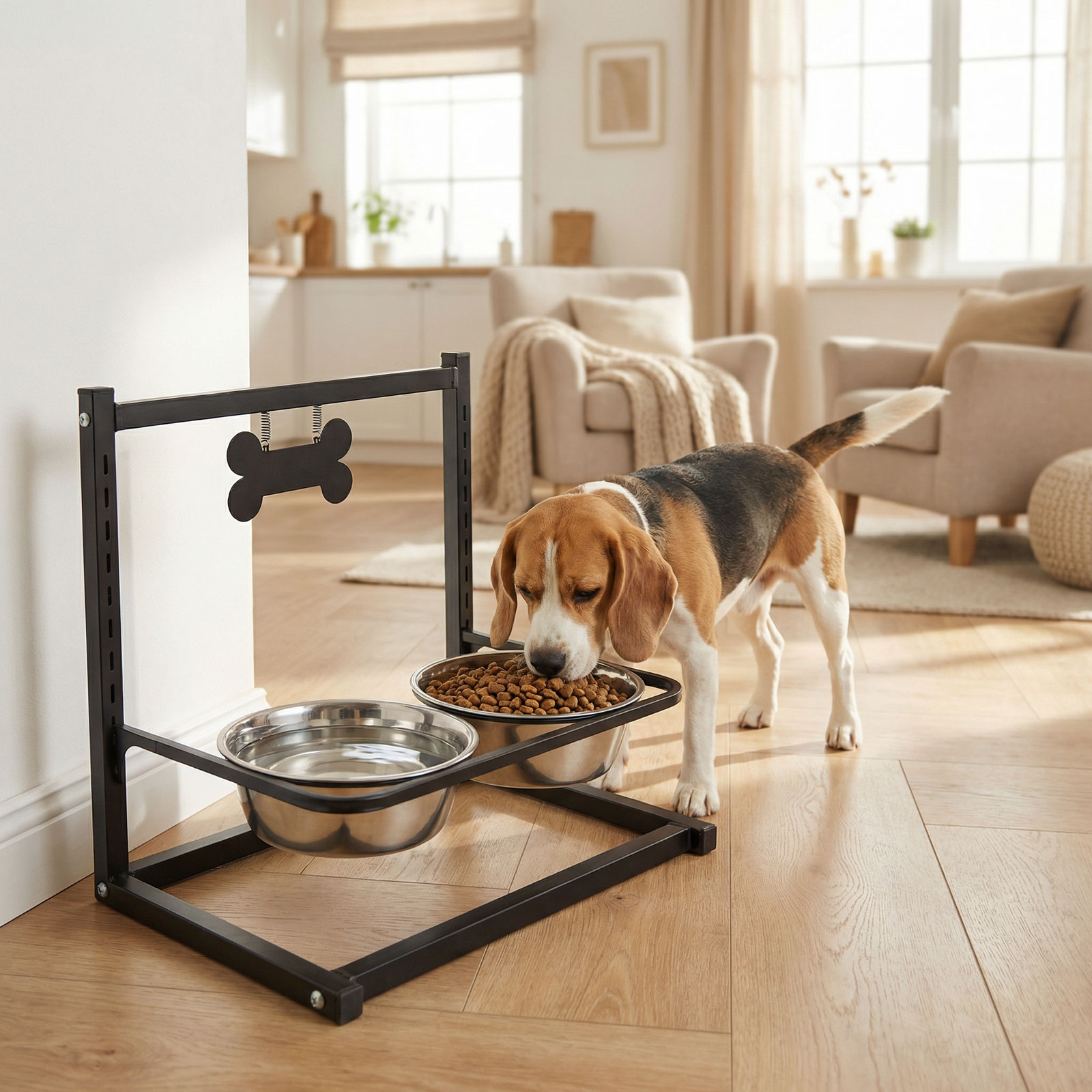 Suport reglabil înălțat cu 2 boluri din inox pentru câini și pisici, negru, 47,5 x 29,5 x 41 cm