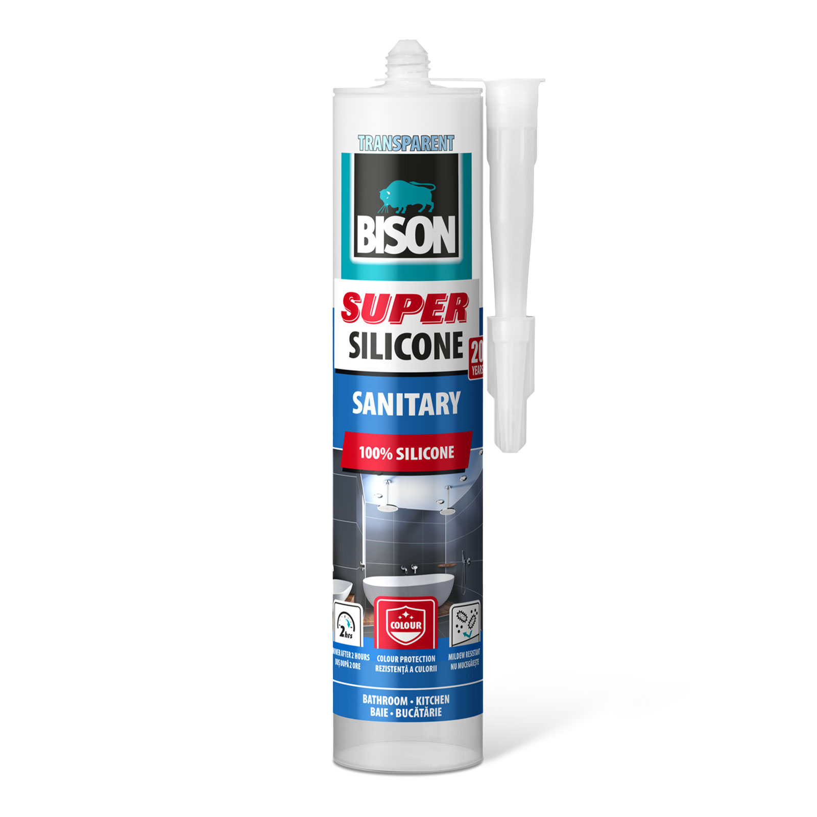 Silicon sanitar transparent Bison Super, 280 ml, rezistent la mucegai si apa