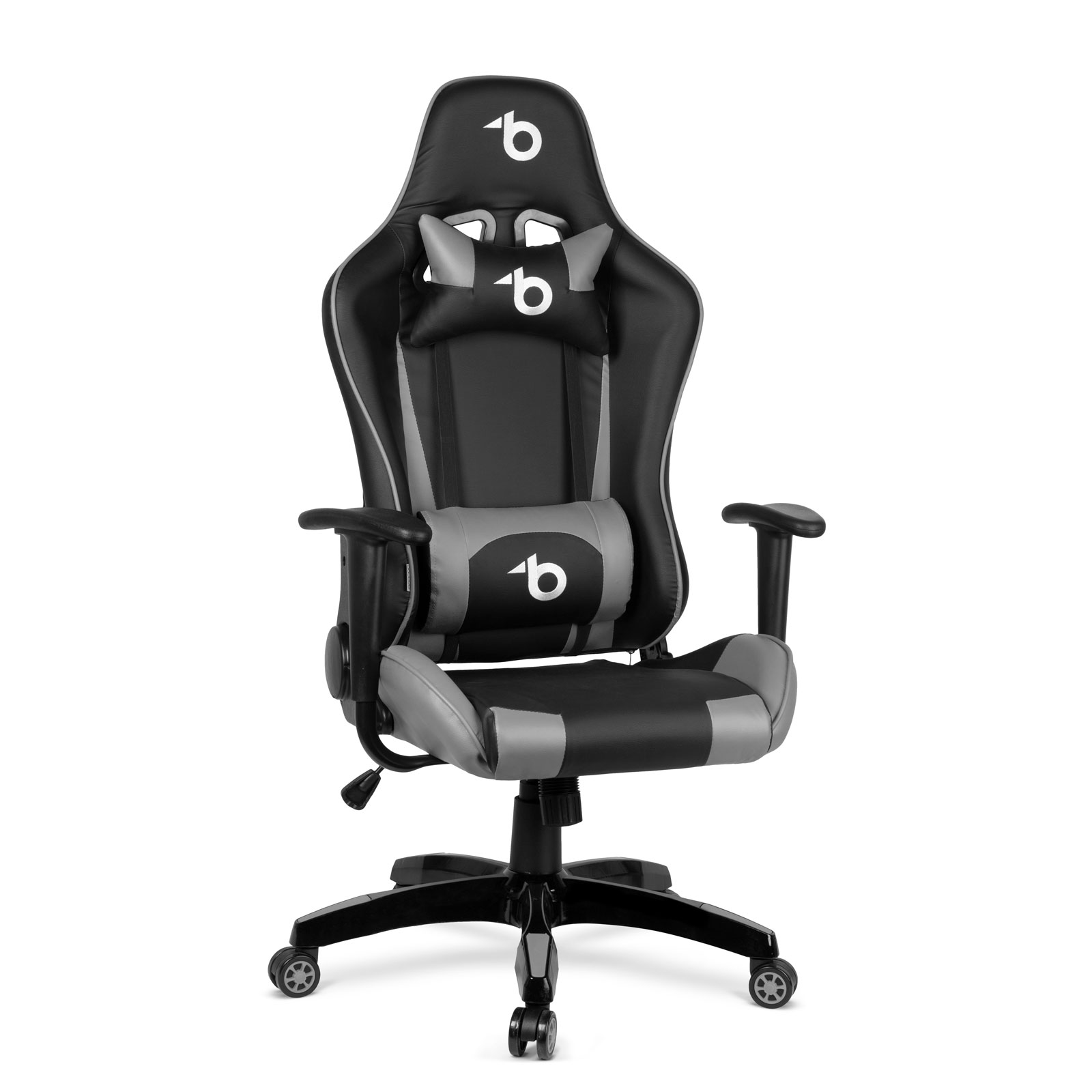 Scaun gaming ergonomic cu perne lombare si tetiera, reglabil, gri negru, rotativ, suport 110 kg