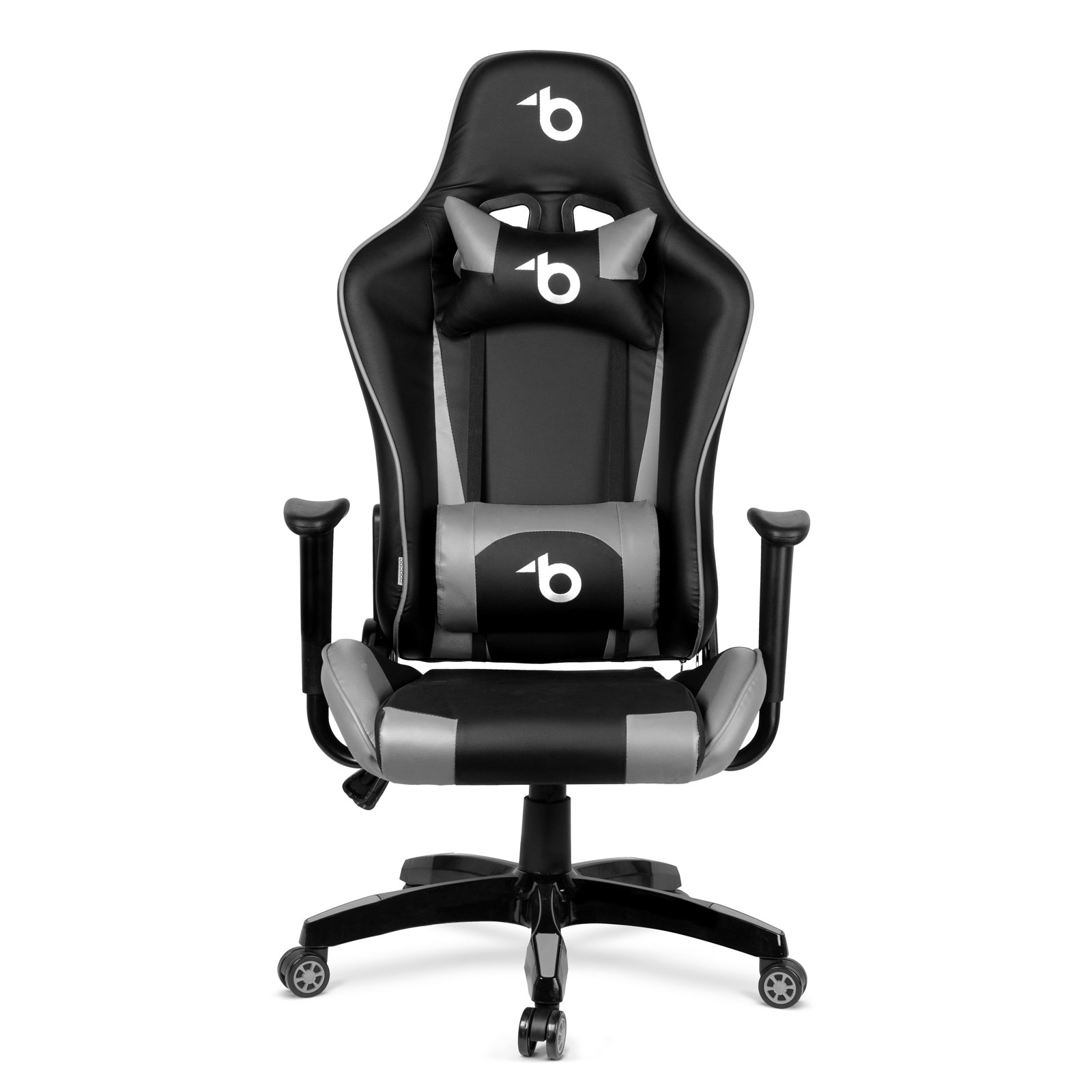 Scaun gaming ergonomic cu perne lombare si tetiera, reglabil, gri negru, rotativ, suport 110 kg