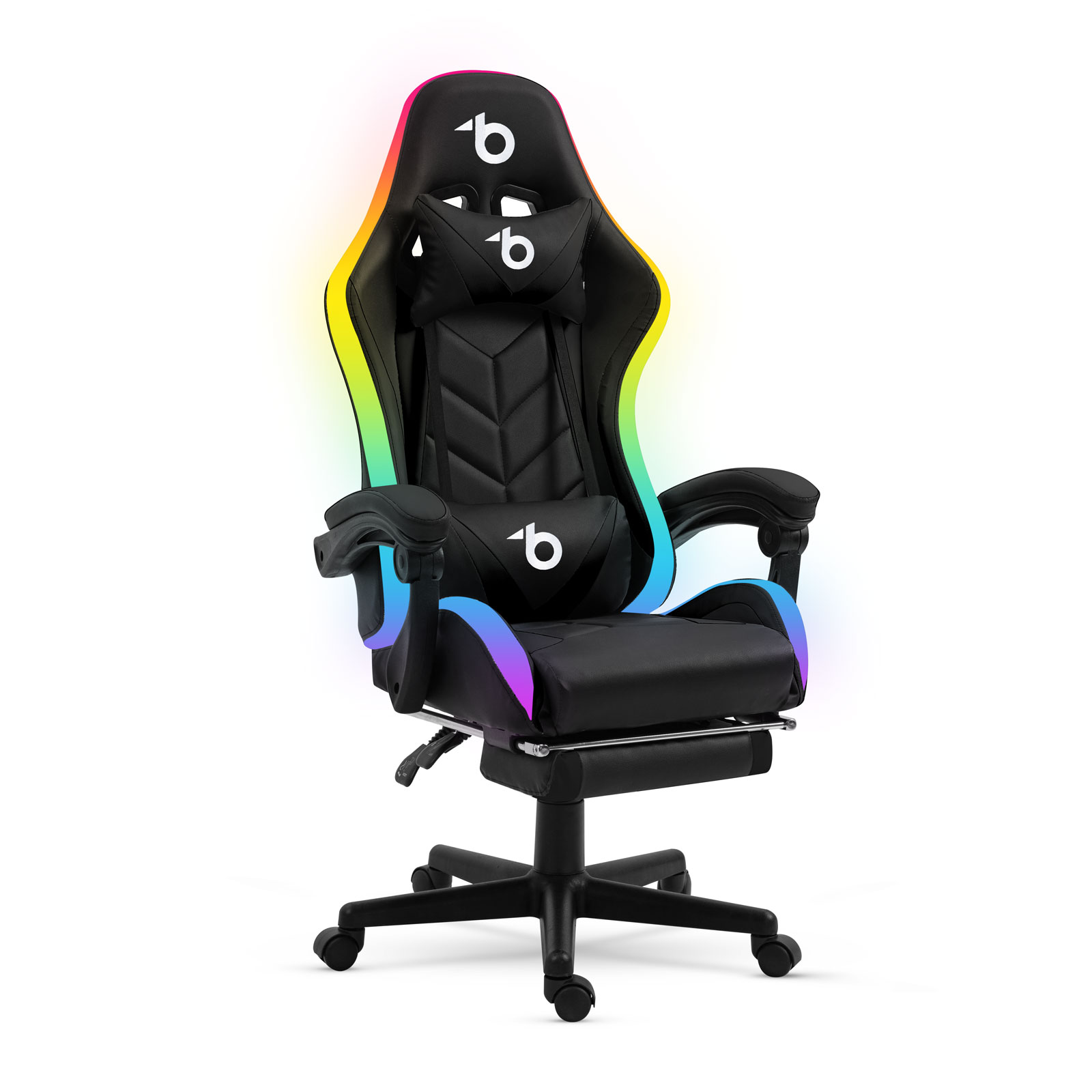 Scaun gaming RGB LED cu perne si cotiere, reglabil, negru, iluminare cu telecomanda, suport 120 kg