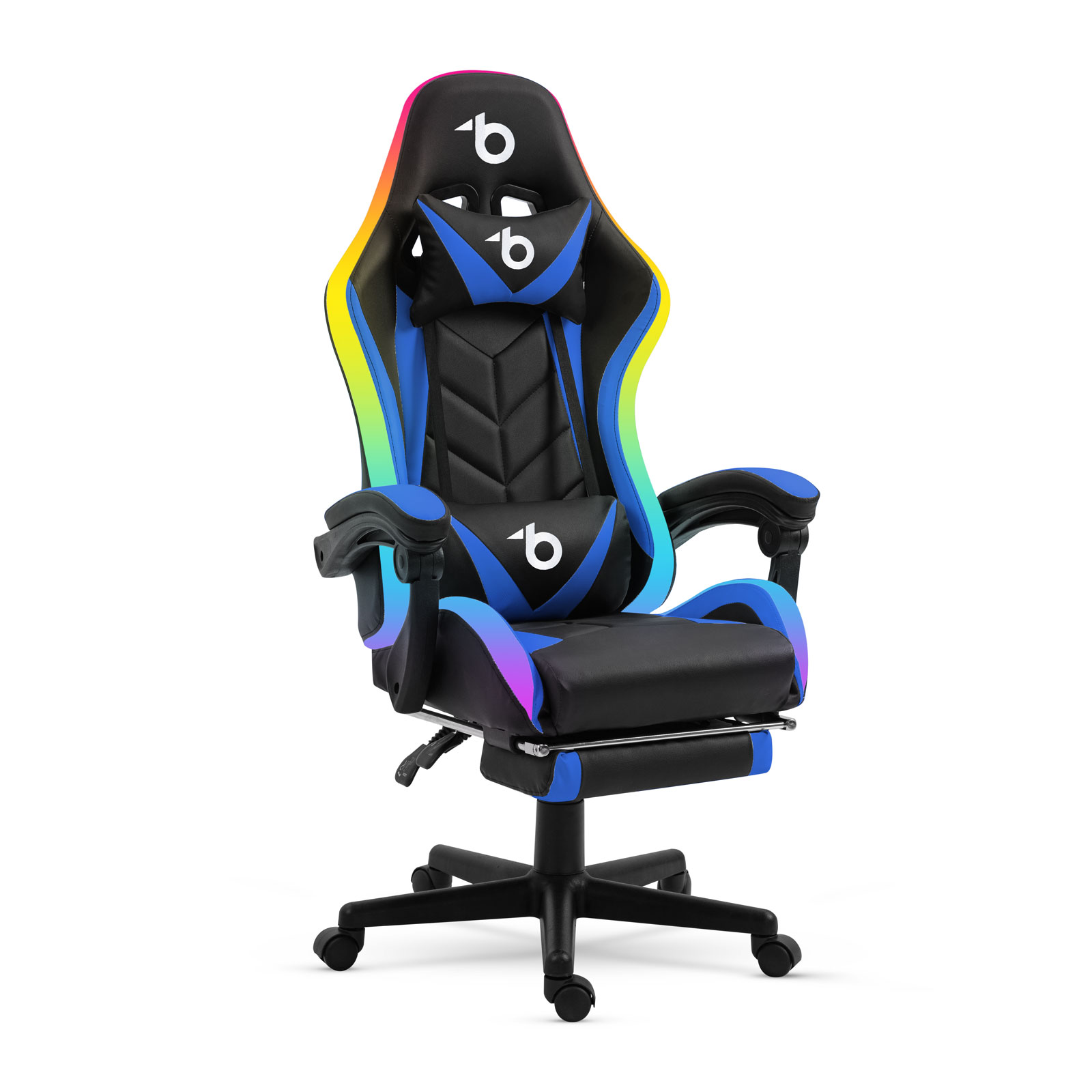 Scaun gaming RGB LED ergonomic, cu perne lombara si cervicala, reglabil, negru/albastru