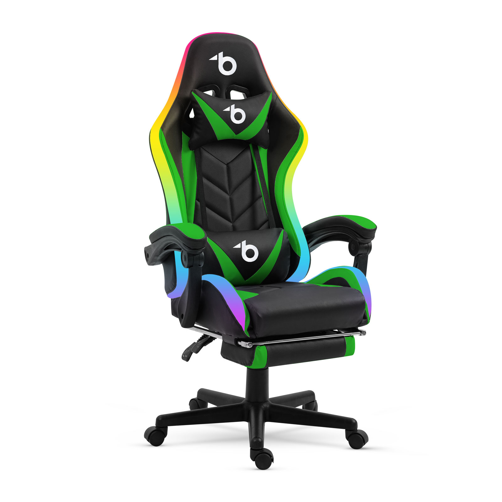 Scaun gaming RGB LED cu perne si cotiere, reglabil, negru verde, iluminare cu telecomanda, suport 120 kg