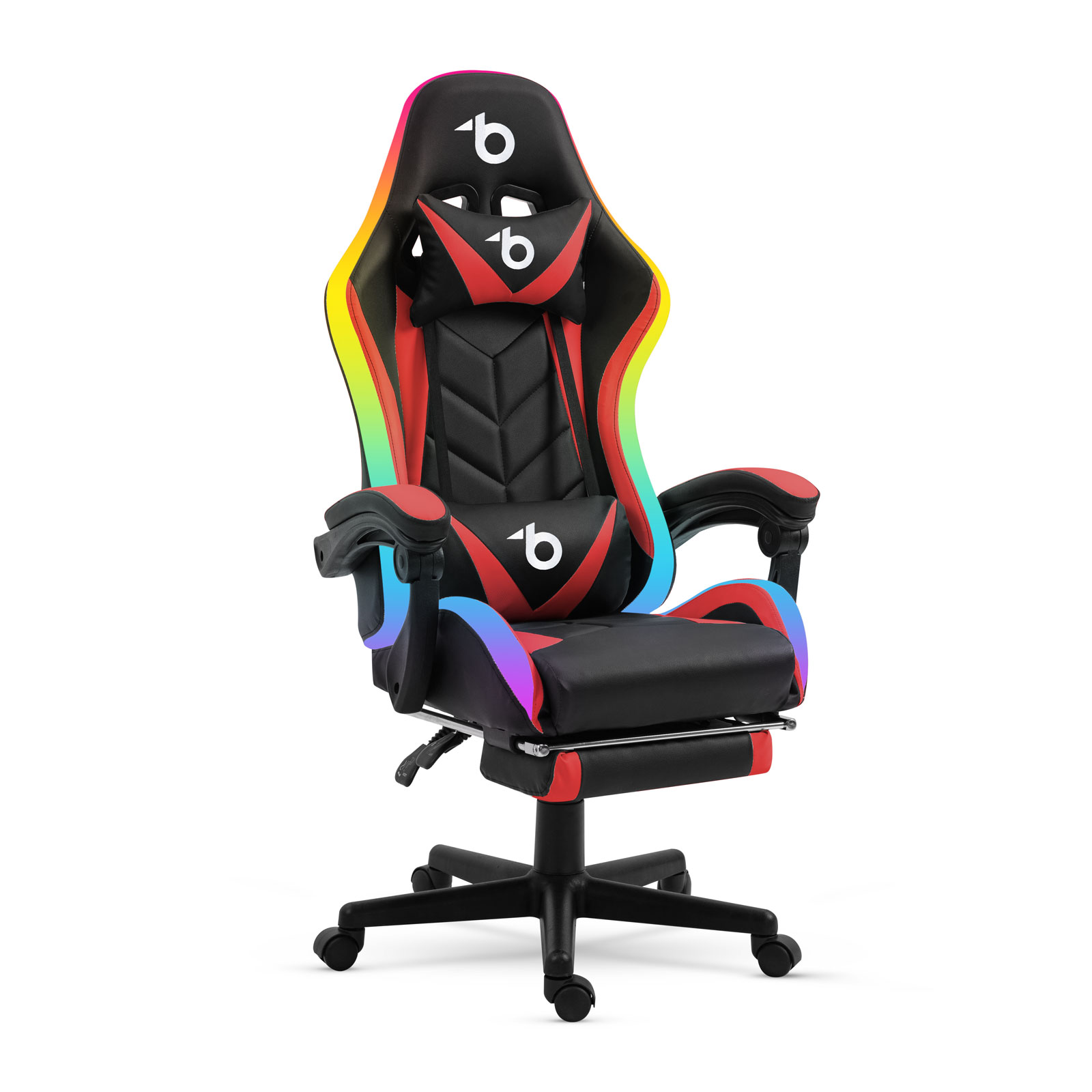 Scaun gaming RGB LED cu perne si cotiere, reglabil, negru rosu, iluminare cu telecomanda, suport 120 kg
