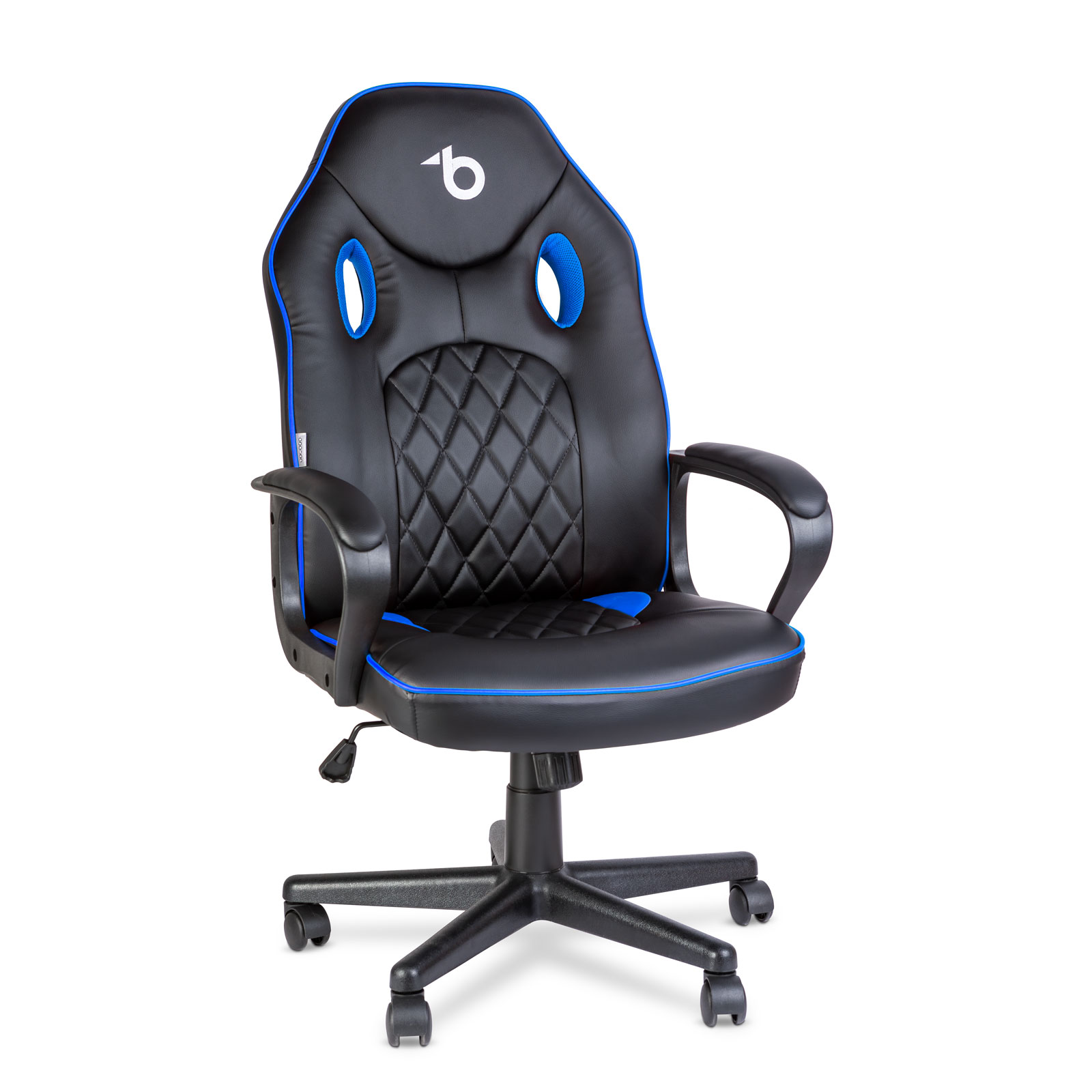 Scaun gaming ergonomic reglabil, cu cotiere fixe, negru albastru, rotativ, suport 110 kg