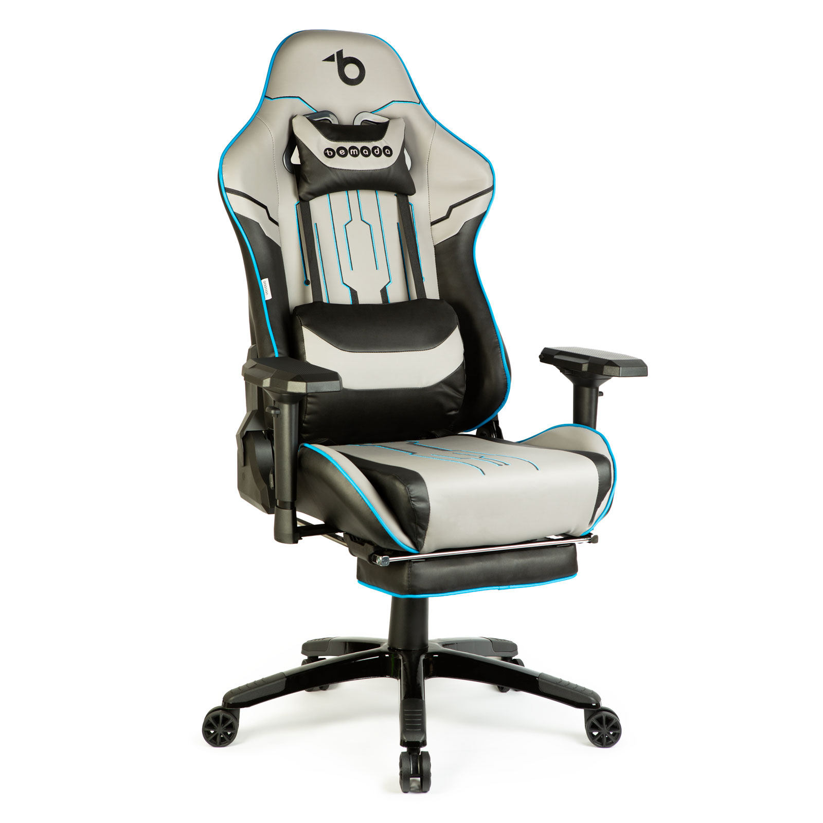 Scaun gaming ergonomic reglabil, cu suport picioare si perne, rabatabil 180°, gri negru albastru, 150 kg