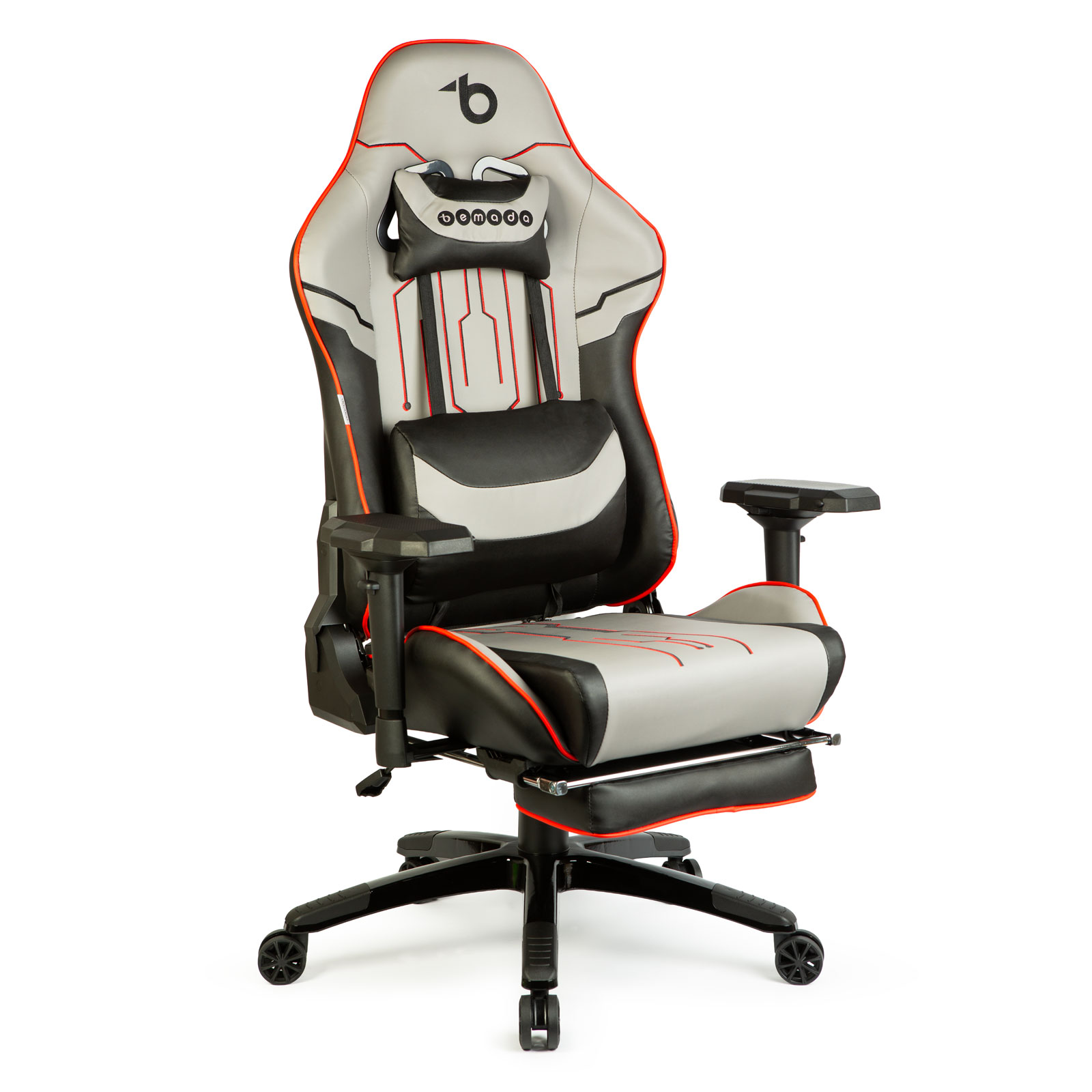 Scaun gaming ergonomic reglabil, cu suport picioare si perne, rabatabil 180°, gri negru rosu, 150 kg