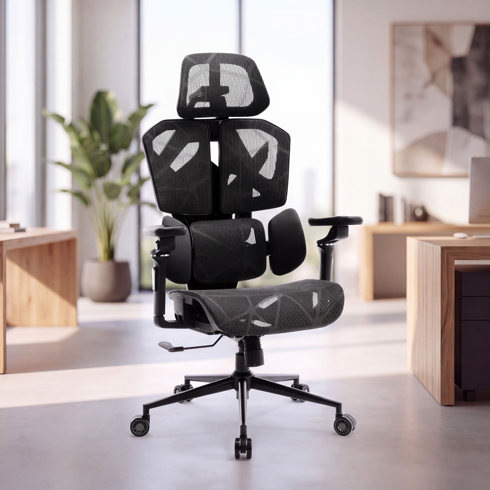 Scaun birou ergonomic TitanMesh Pro, spatar mesh, cotiere 5D, perne laterale, negru, 110 kg