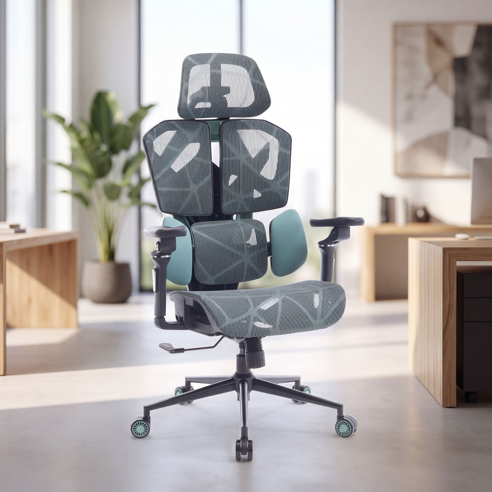 Scaun birou ergonomic TitanMesh Pro, spatar mesh, cotiere 5D, perne laterale, menta, 110 kg