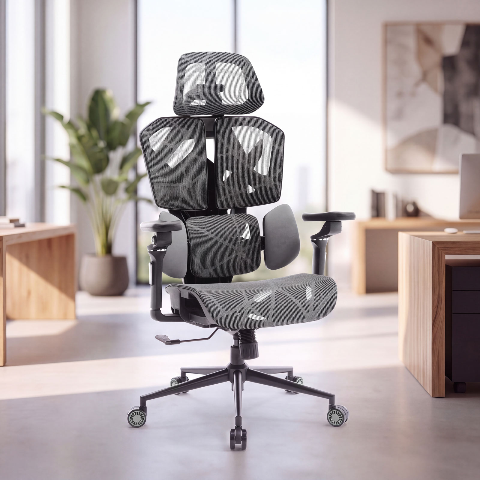 Scaun birou ergonomic TitanMesh Pro, spatar mesh, cotiere 5D, perne laterale, gri, 110 kg