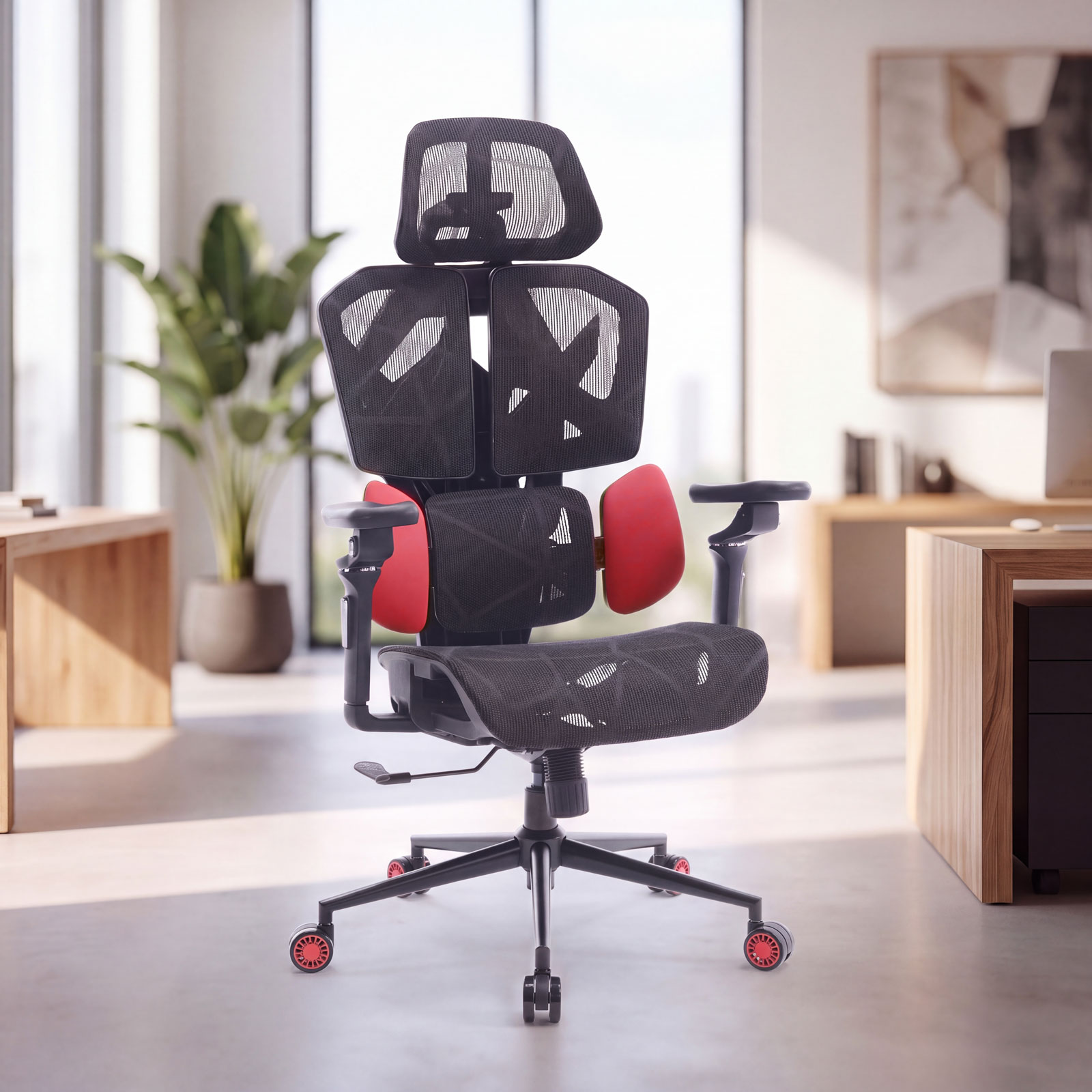 Scaun birou ergonomic TitanMesh Pro, spatar mesh, cotiere 5D, perne laterale, rosu, 110 kg