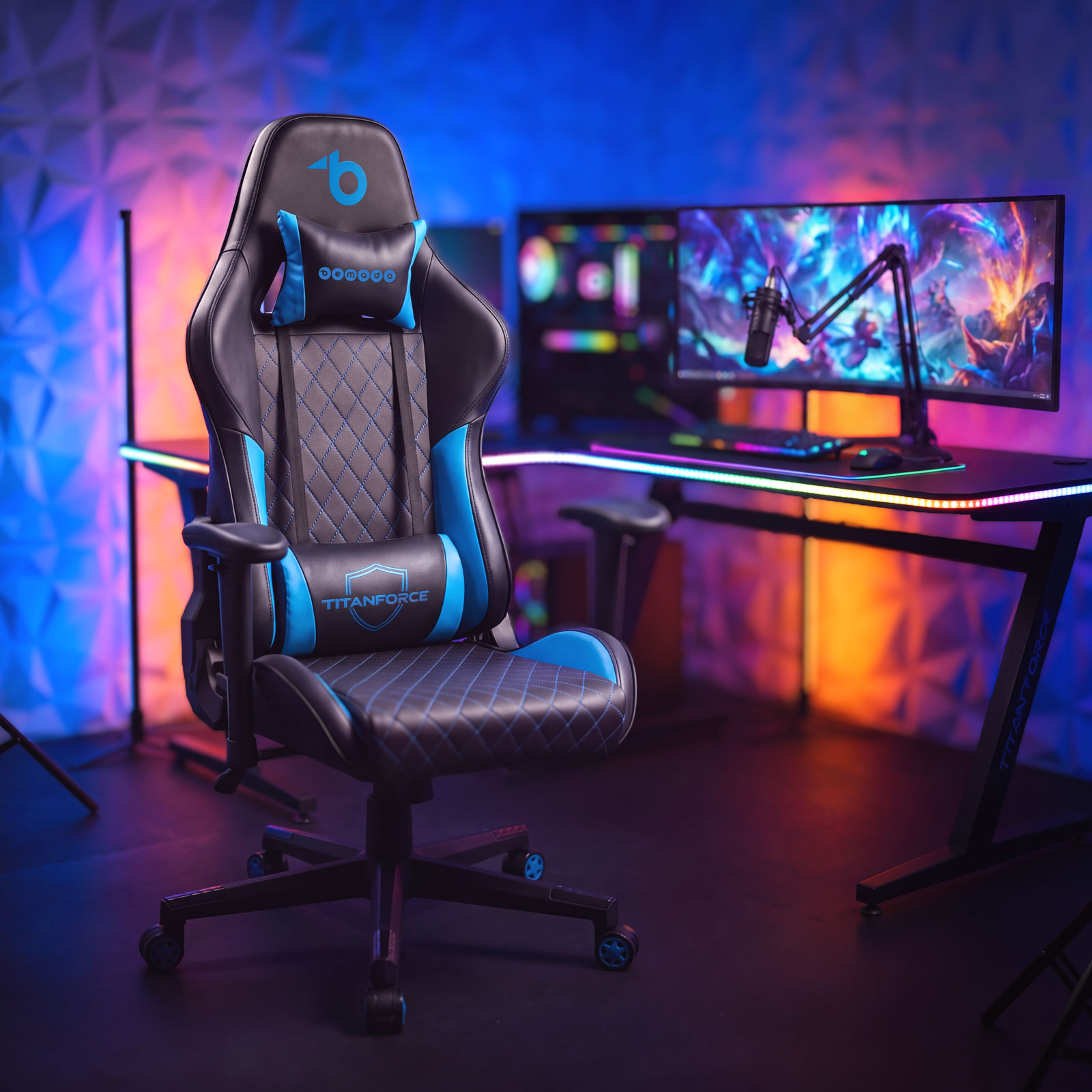 Scaun gaming TitanForce, ergonomic, perne lombara si gat, cotiere 2D, negru albastru, 110 kg