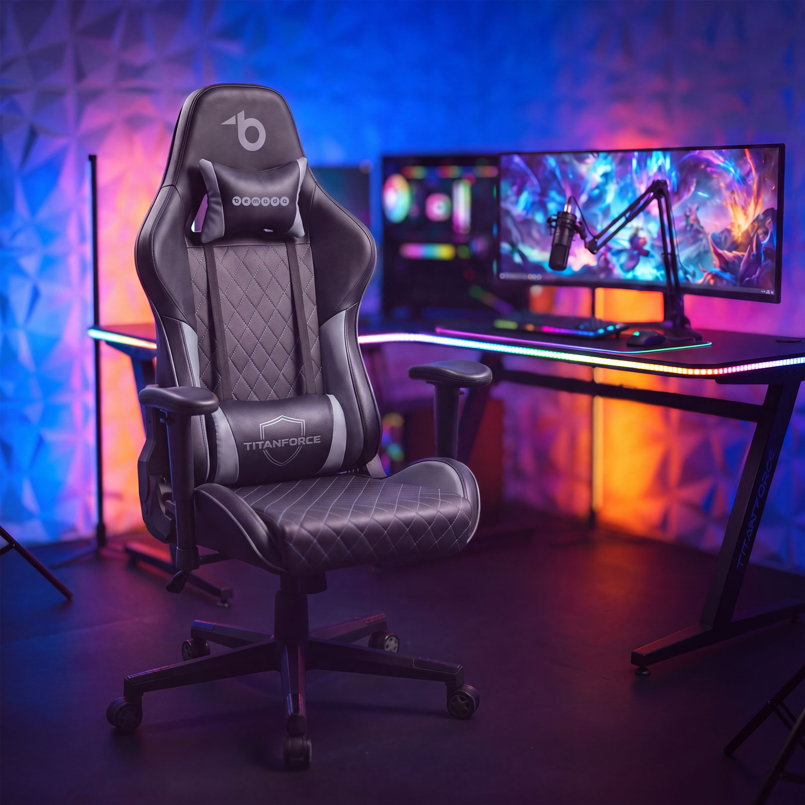 Scaun gaming TitanForce, ergonomic, perne lombara si gat, cotiere 2D, negru gri, 110 kg  Titlu URL: