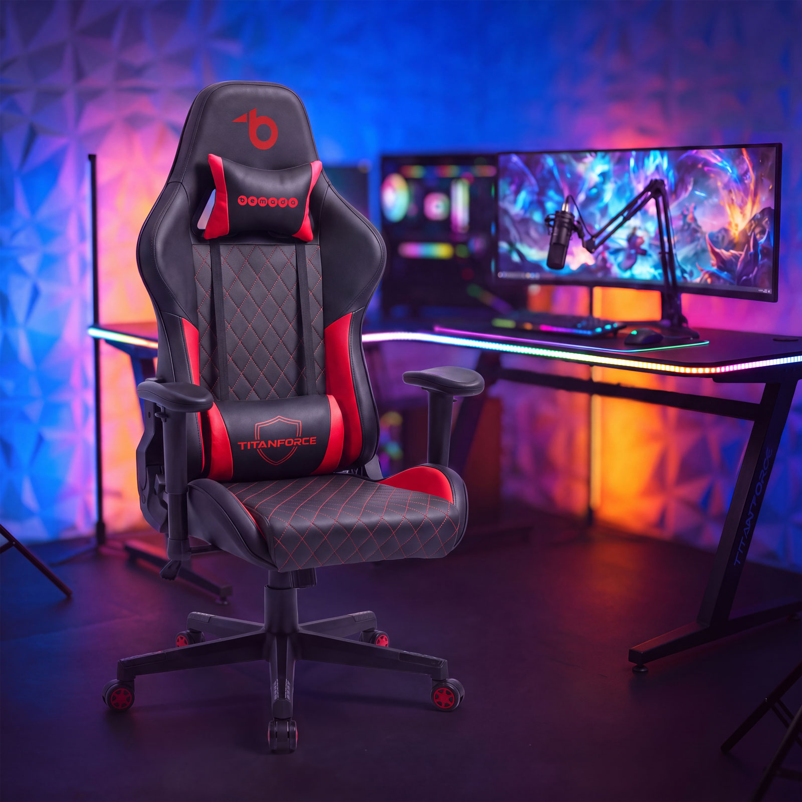 Scaun gaming TitanForce, ergonomic, perne lombara si gat, cotiere 2D, negru rosu, 110 kg